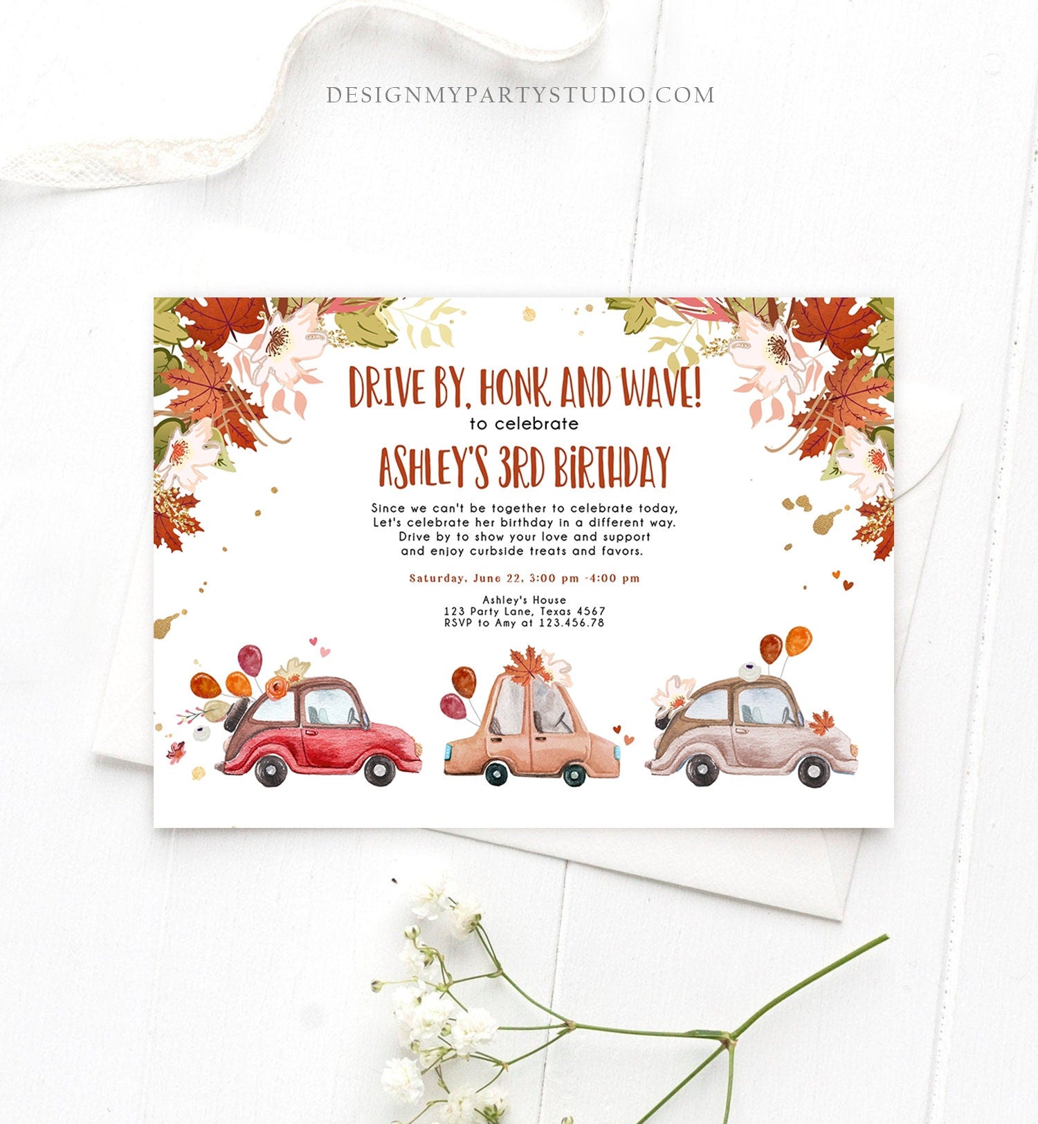 Editable Drive By Birthday Parade Invitation Fall Virtual Party Invite Honk Wave Car Girl Autumn Quarantine Drive Through Digital Corjl 0335