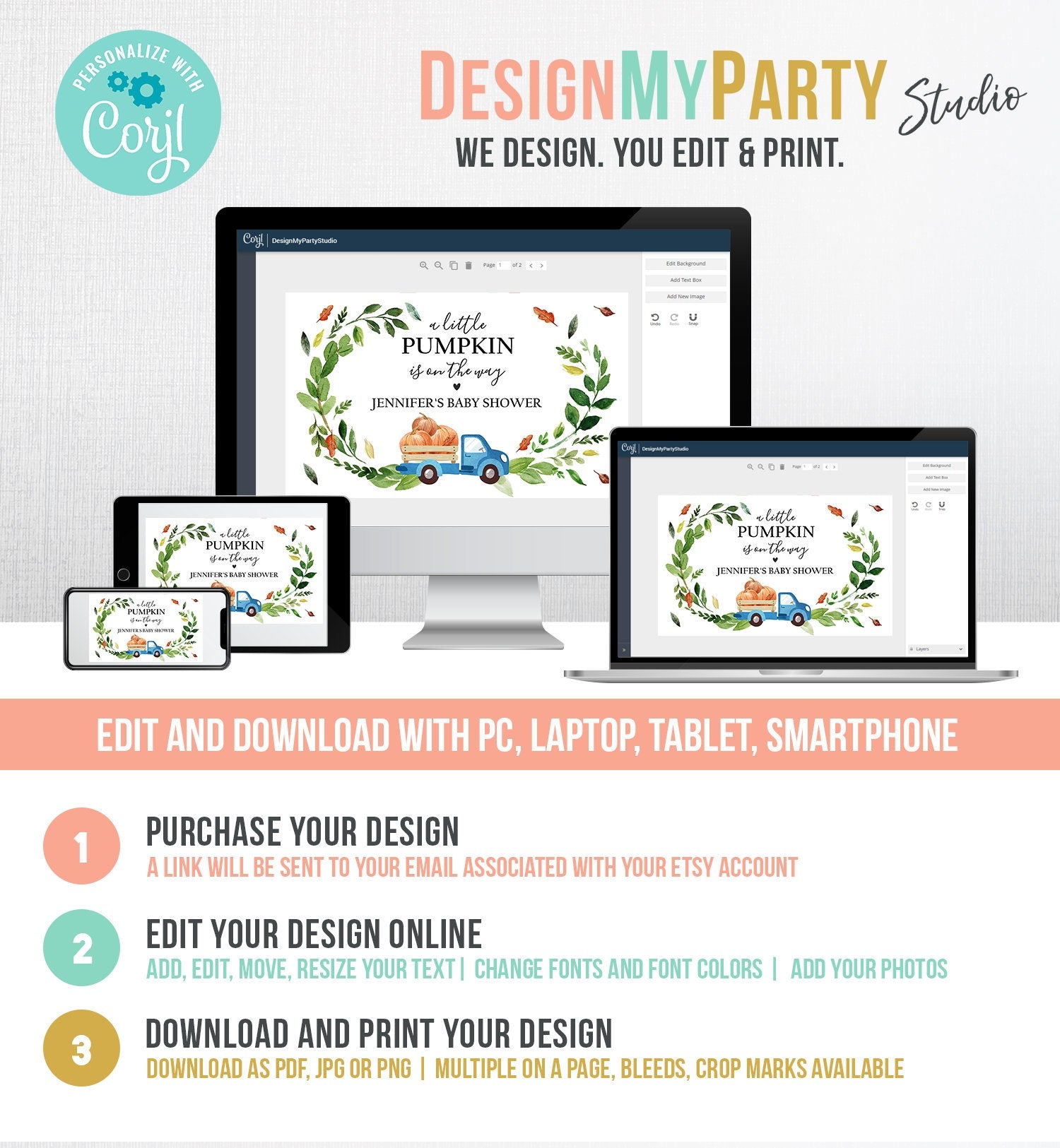 Editable Pumpkin Truck Drive By Baby Shower Backdrop Banner Birthday Welcome Sign Fall Blue Orange Download Corjl Template Printable 0153