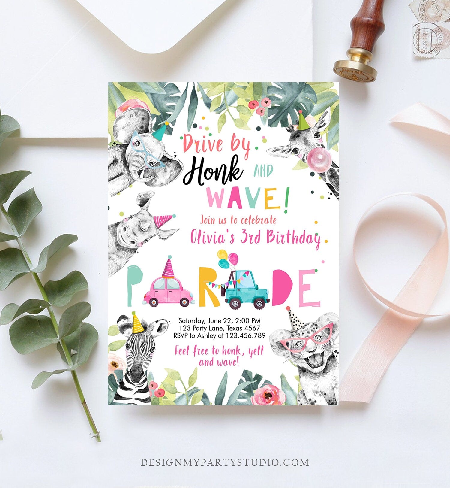 Editable Drive By Birthday Parade Invitation Party Animals Invite Honk Wave Car Girl Pink Quarantine Instant Download Digital Corjl 0322