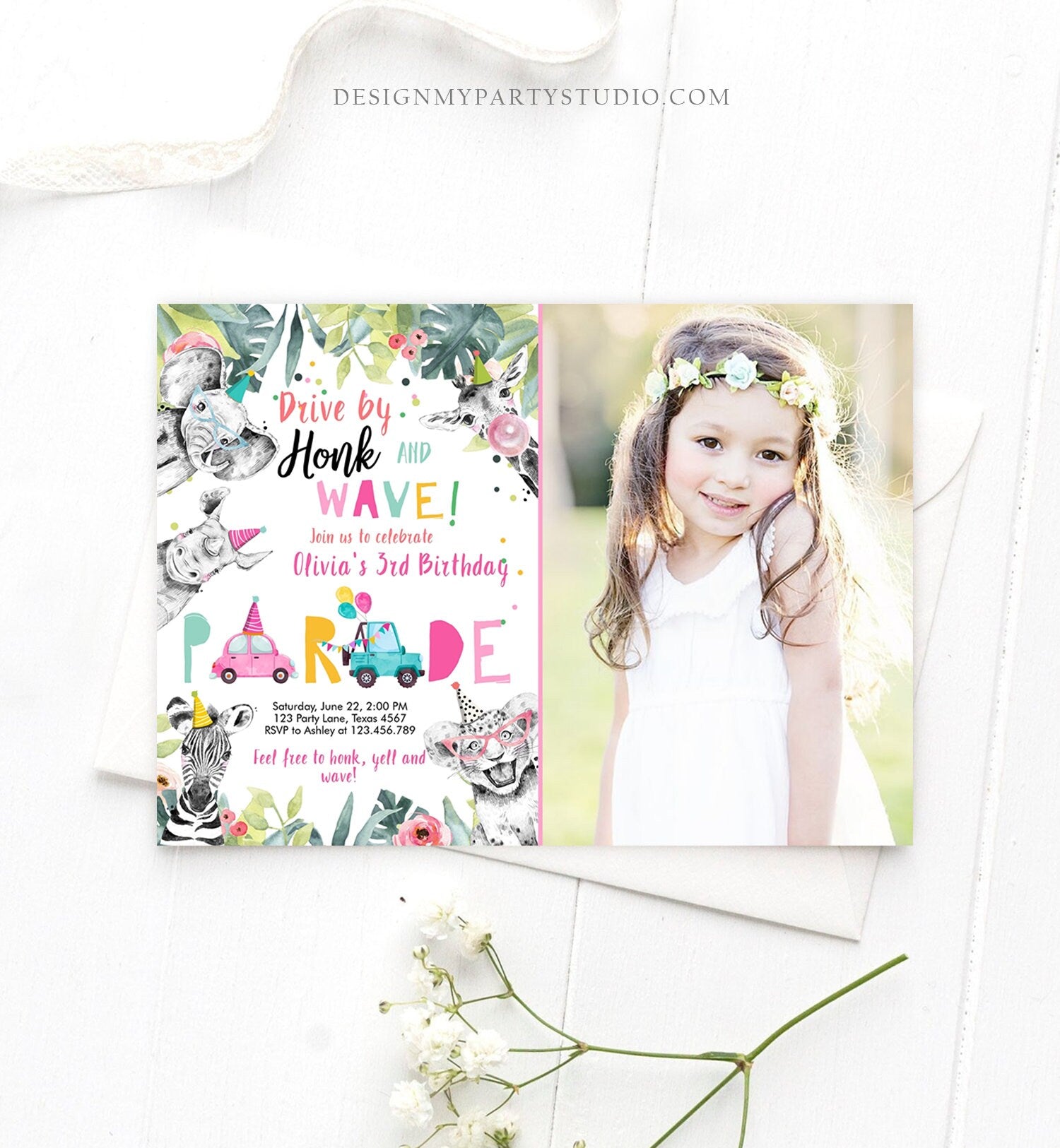 Editable Drive By Birthday Parade Invitation Party Animals Invite Honk Wave Car Girl Pink Quarantine Instant Download Digital Corjl 0322