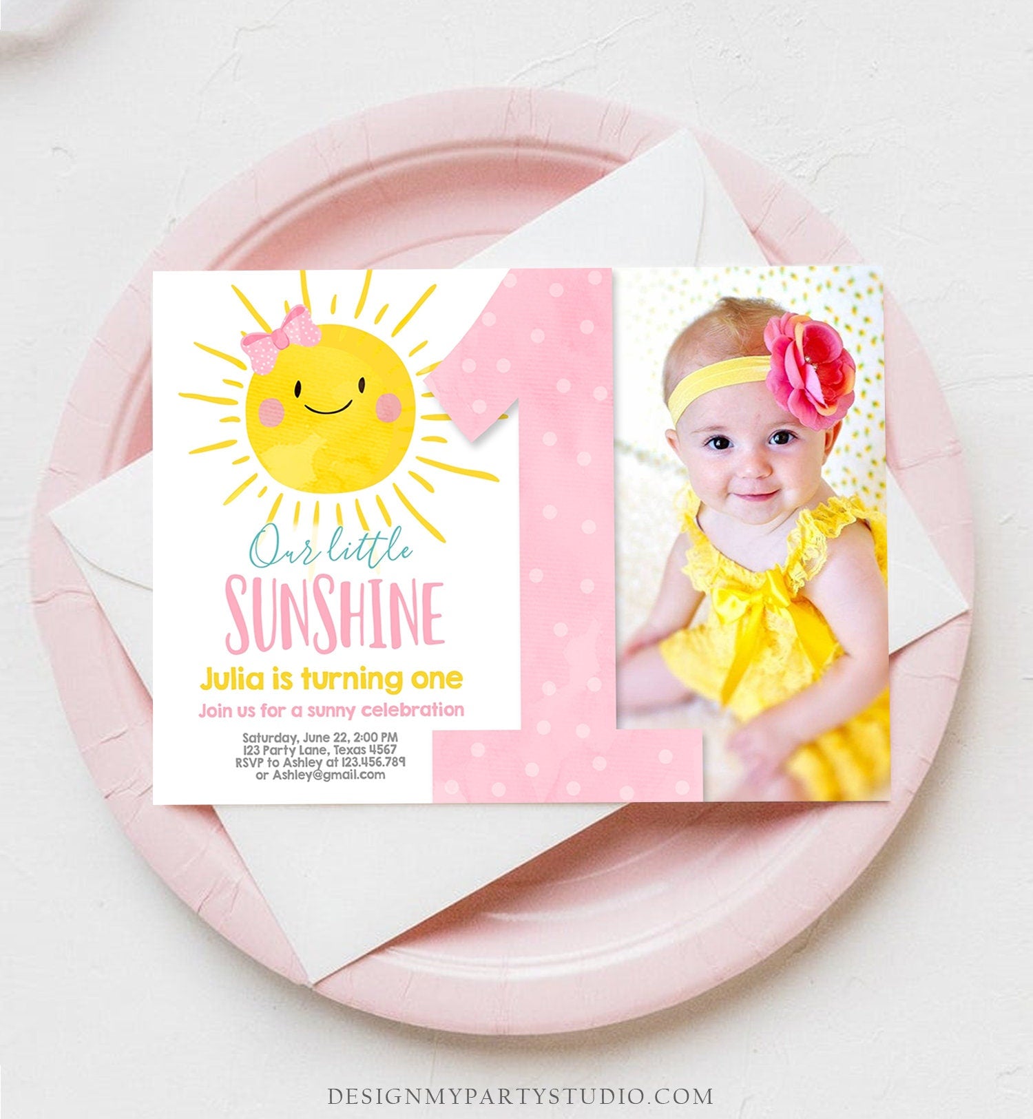 Editable Our Little Sunshine Birthday Invitation You Are My Sunshine Blush Pink Girl Summer First Birthday Download Corjl Template 0141