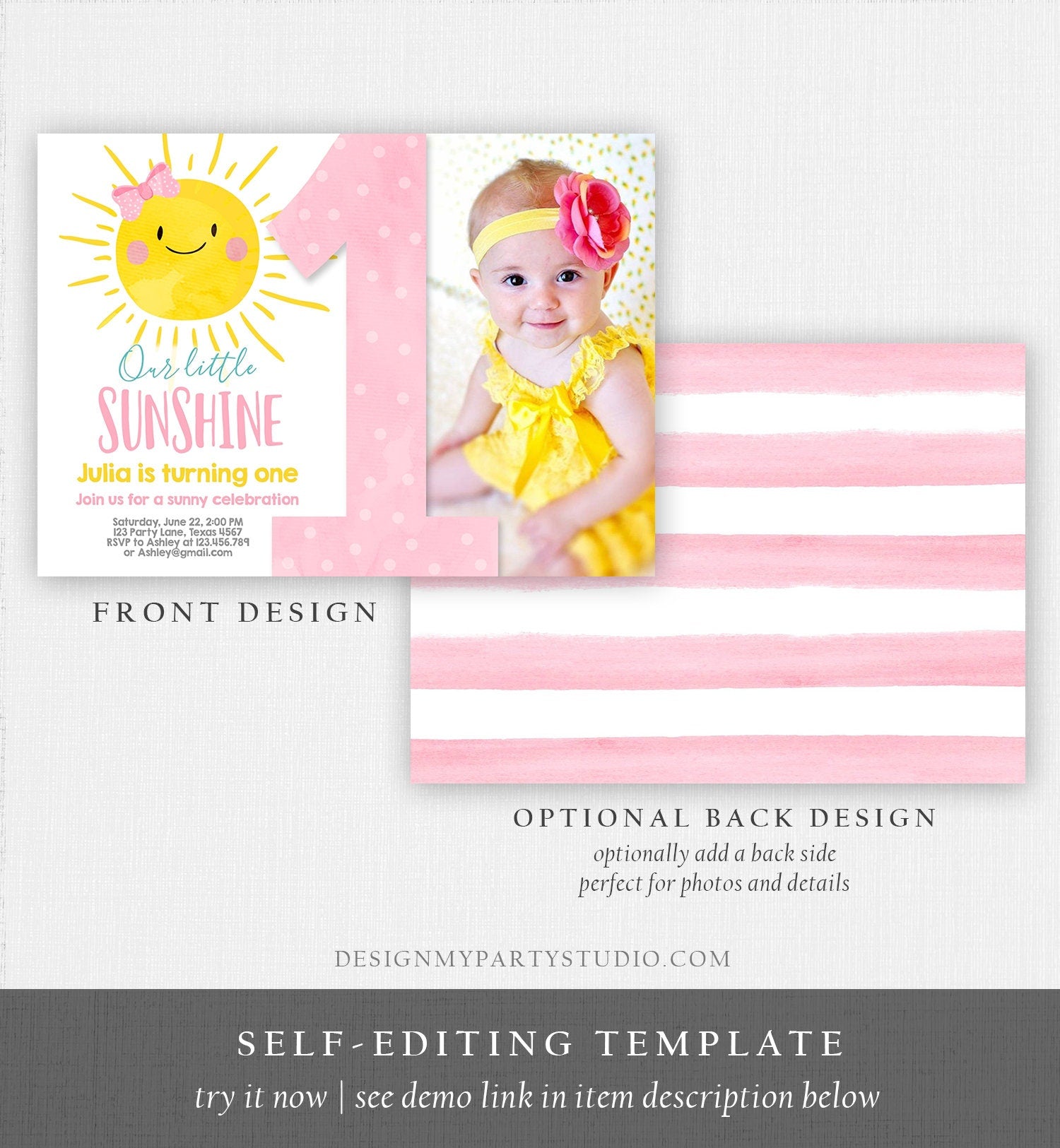 Editable Our Little Sunshine Birthday Invitation You Are My Sunshine Blush Pink Girl Summer First Birthday Download Corjl Template 0141