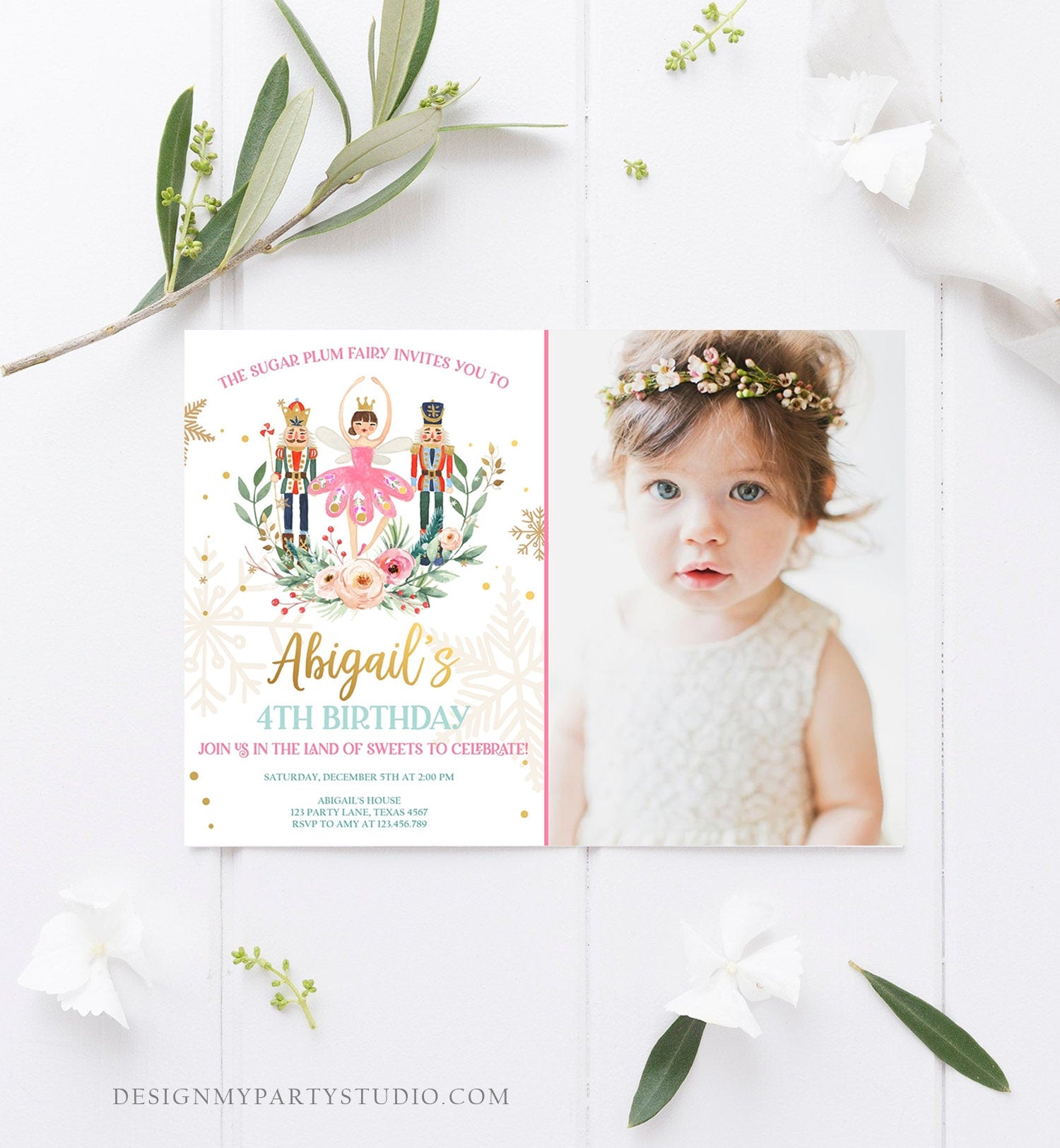Editable Nutcracker Birthday Invitation Ballet Christmas Birthday Invite Pink Girl Sugar Plum Fairy Download Printable Template Corjl 0352