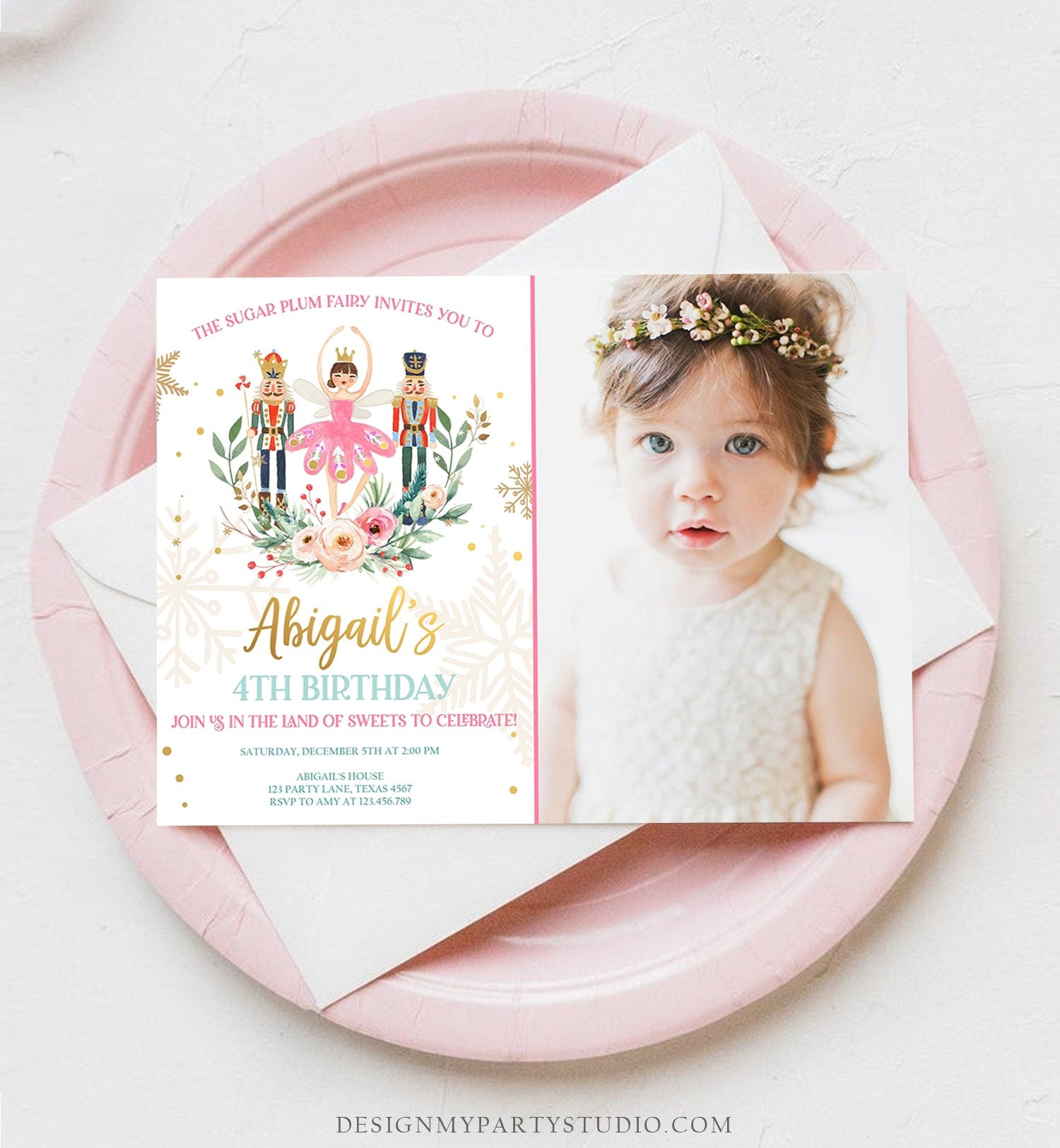 Editable Nutcracker Birthday Invitation Ballet Christmas Birthday Invite Pink Girl Sugar Plum Fairy Download Printable Template Corjl 0352