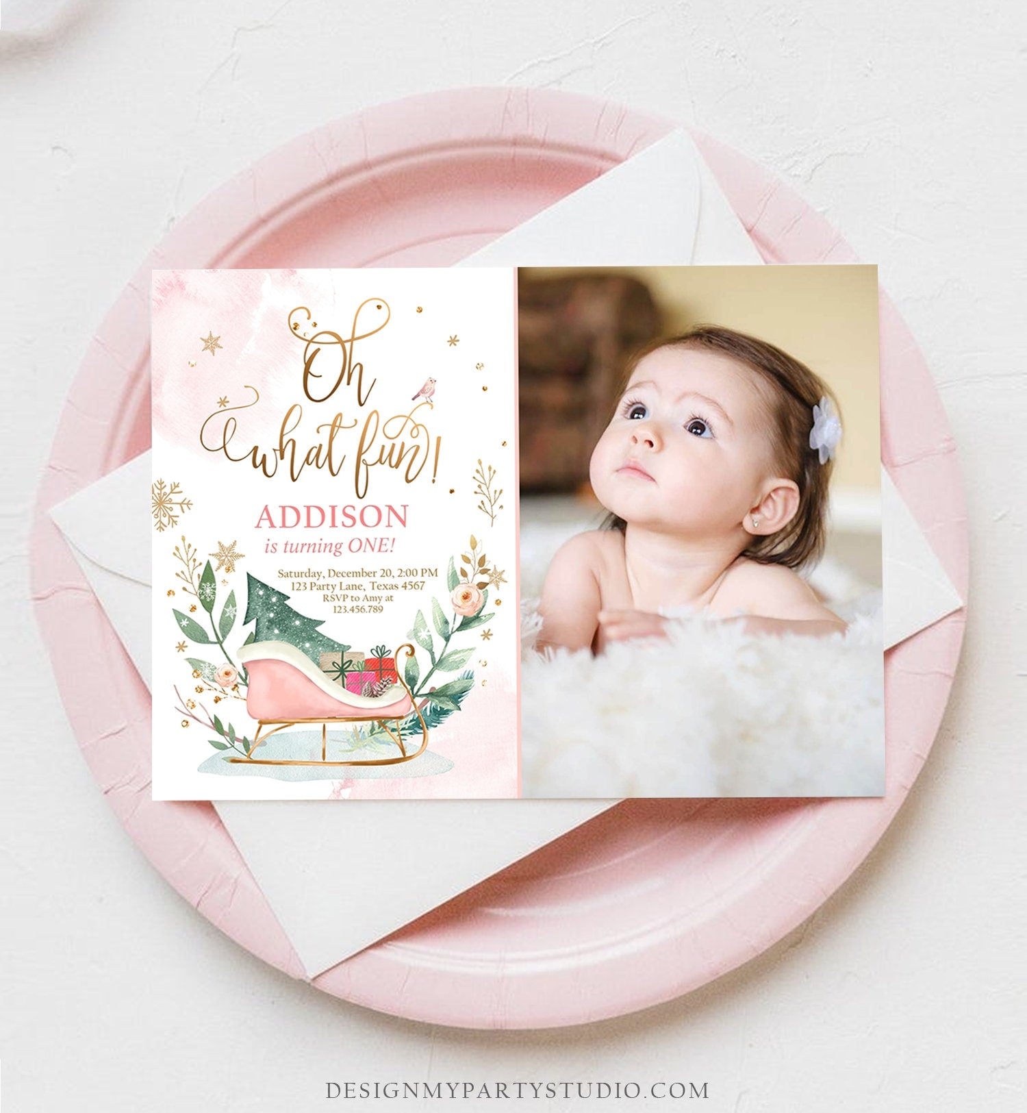 Editable Oh What Fun! Holiday 1st Winter Birthday Invitation Winter Christmas Party Sleigh Trees Girl Pink Gold Printable Template DIY 0353