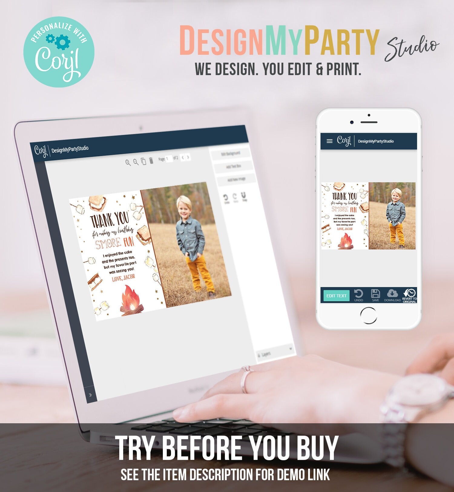 Editable S'more Birthday Thank you Card Smore Fun With You Thank You Rustic Camping Fall Autumn Template Instant Download Corjl 0179