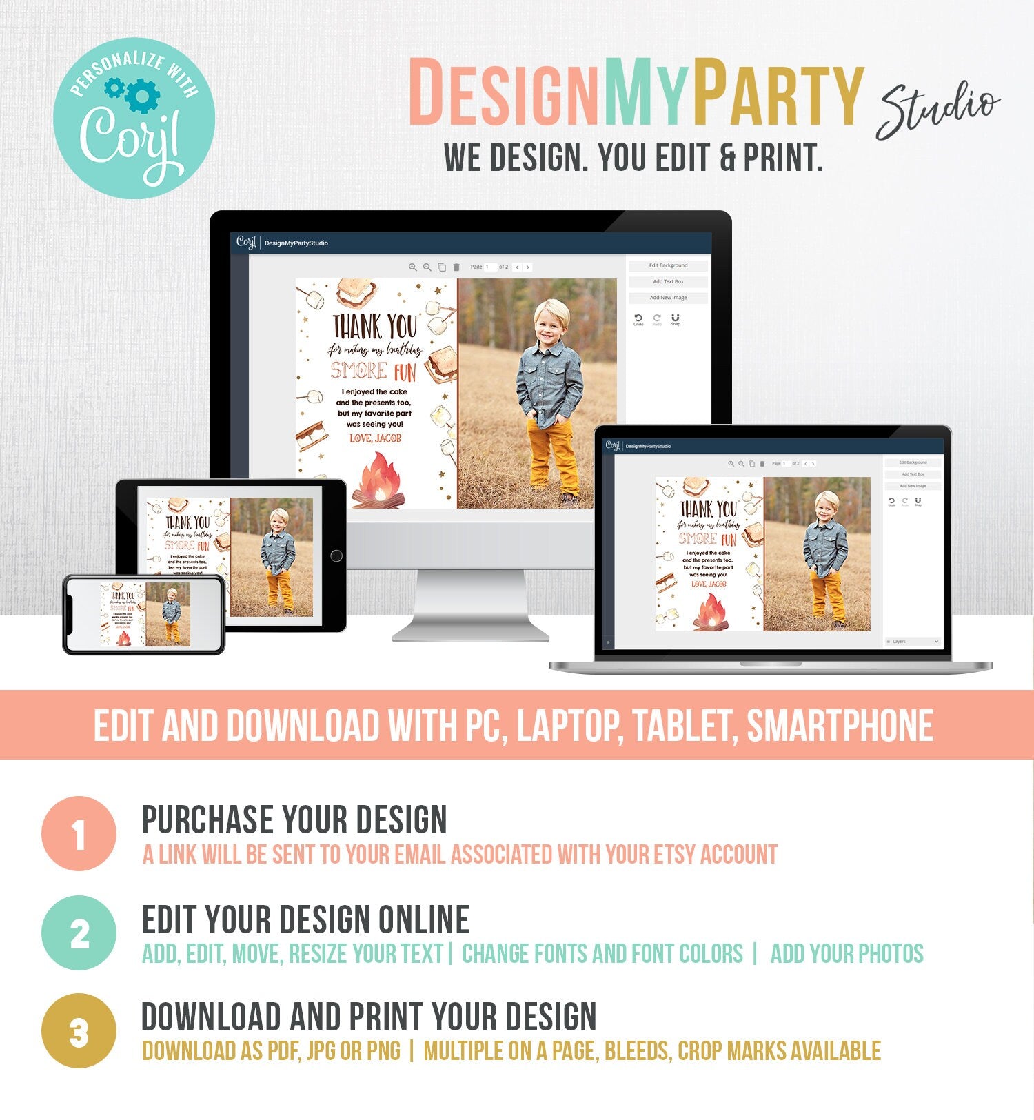 Editable S'more Birthday Thank you Card Smore Fun With You Thank You Rustic Camping Fall Autumn Template Instant Download Corjl 0179