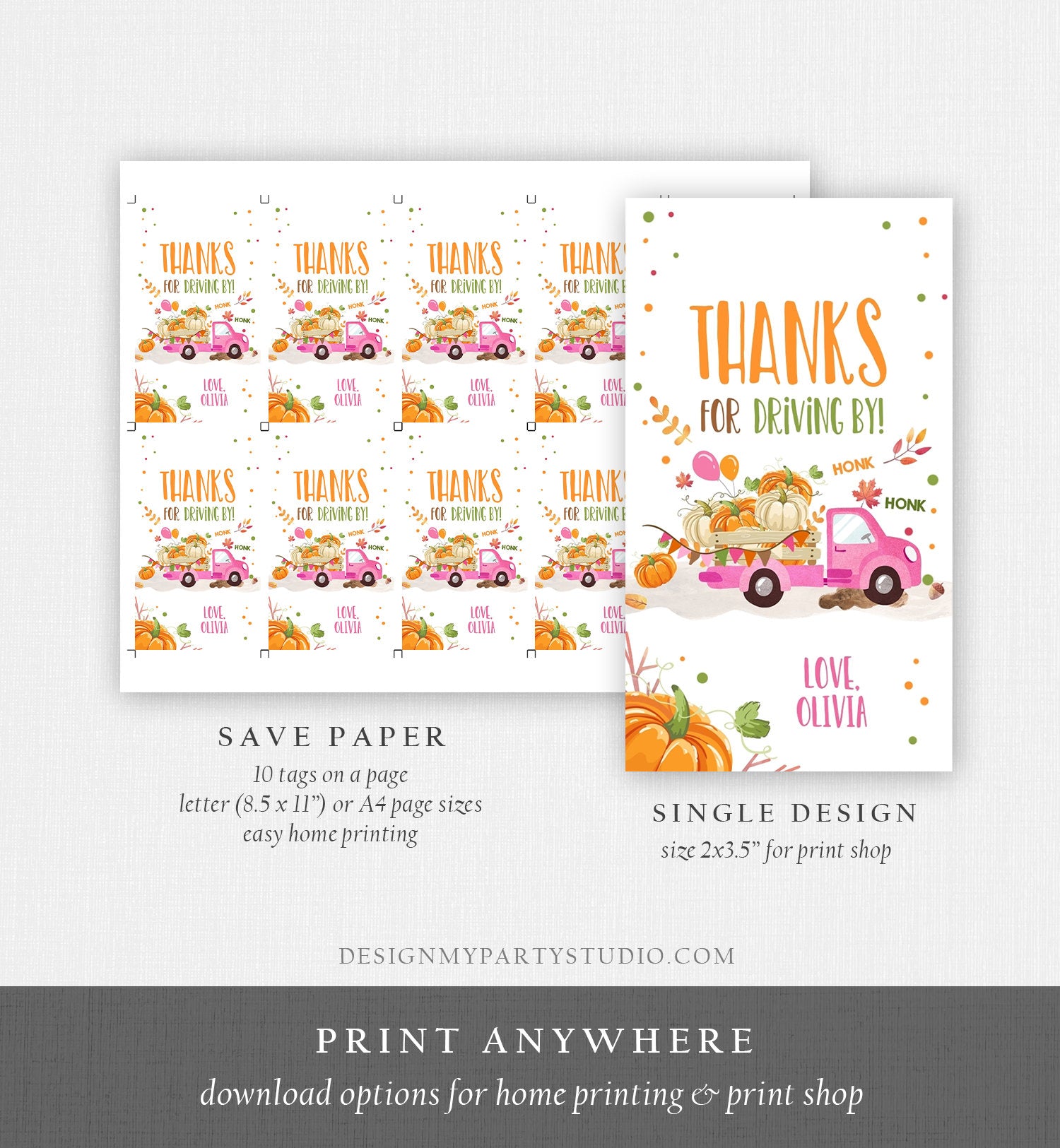 Editable Pumpkin Truck Favor Tag Drive By Birthday Favors Pink Girl Party Parade Fall Thank You Gift Tags Corjl Template Printable 0153