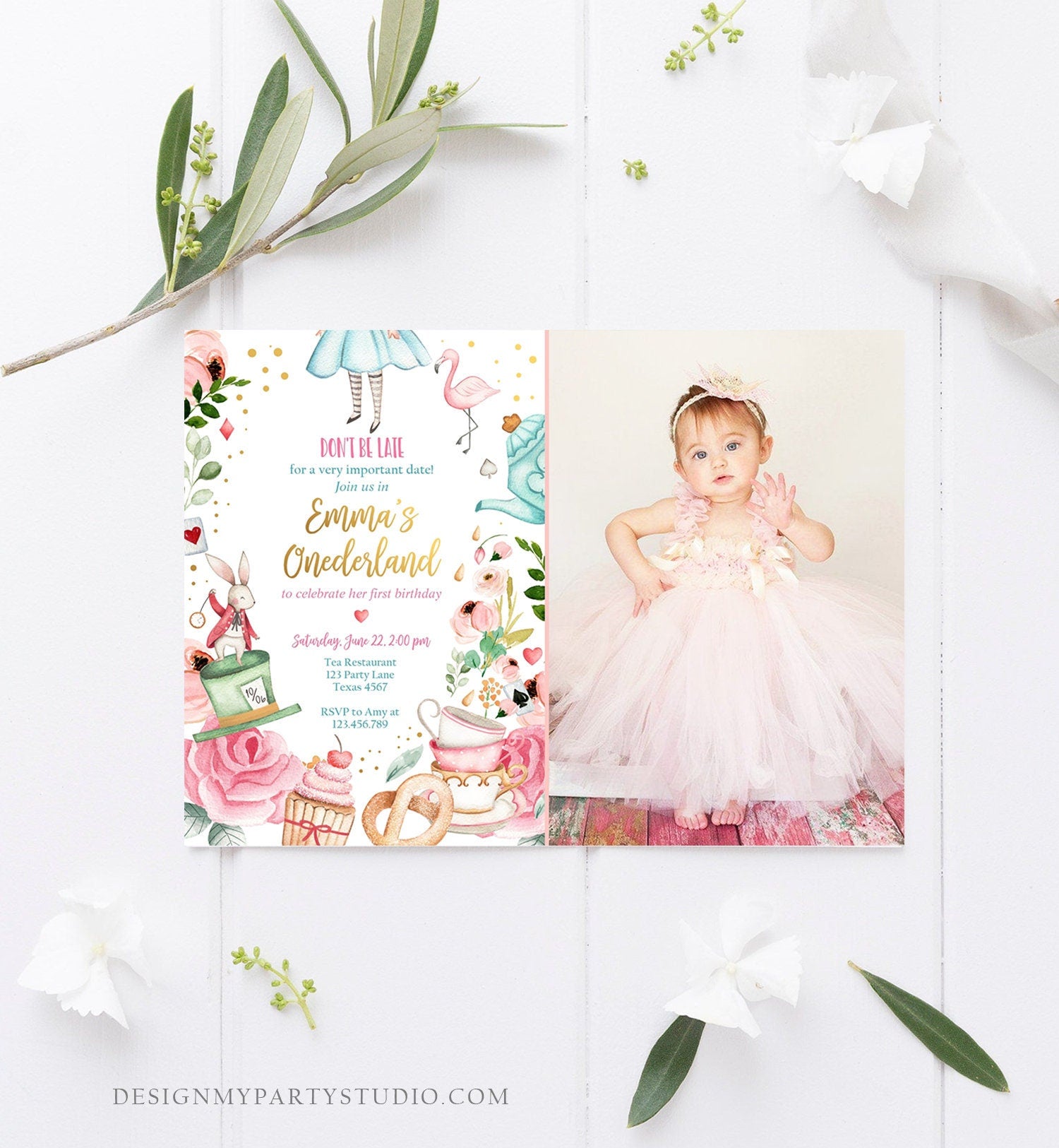 Editable Alice In Wonderland Birthday Invitation Girl First Birthday 1st Onederland Tea Party Photo Printable Template Corjl Digital 0350