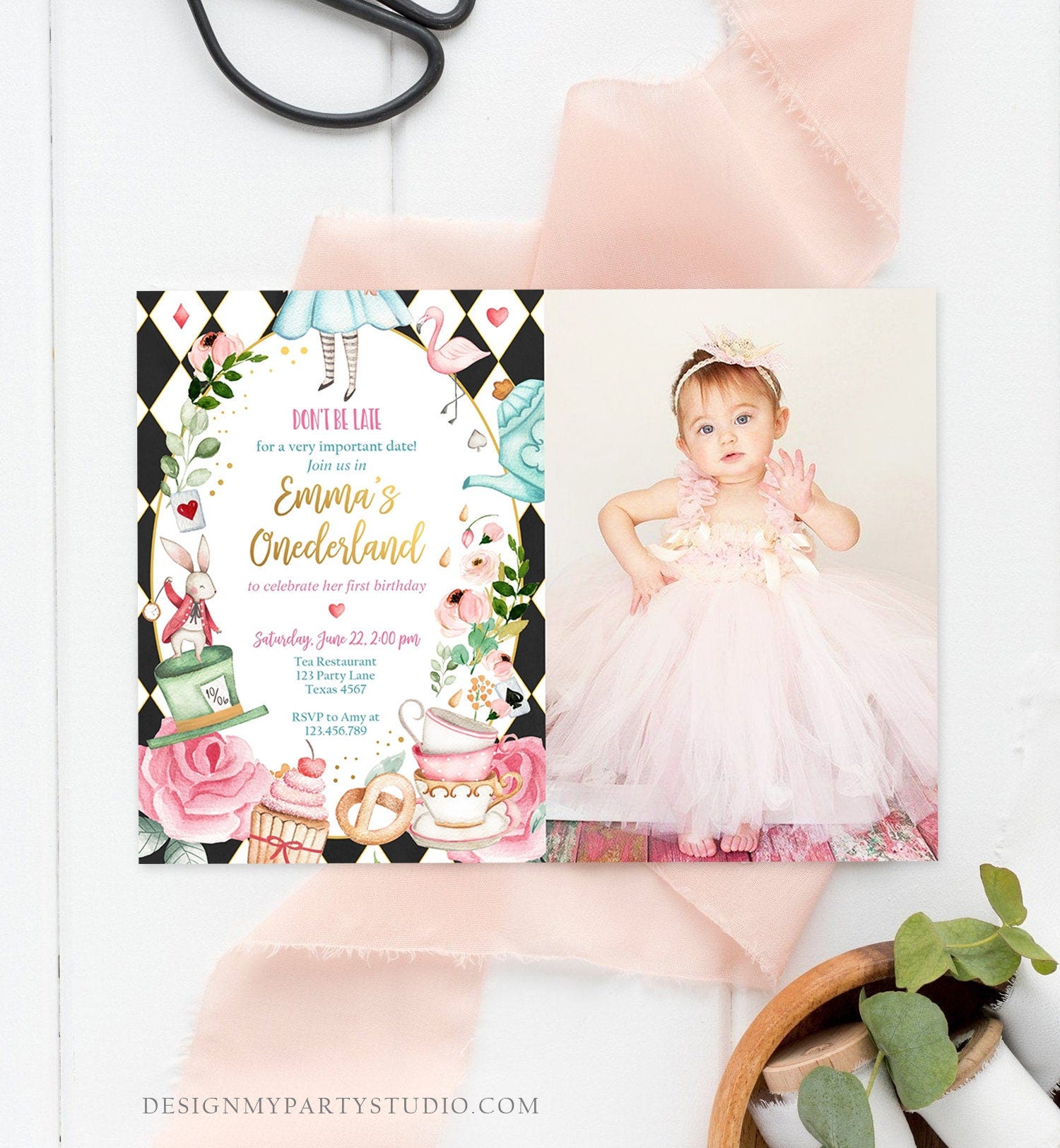 Editable Alice In Wonderland Birthday Invitation Girl First Birthday 1st Onederland Tea Party Photo Printable Template Corjl Digital 0350