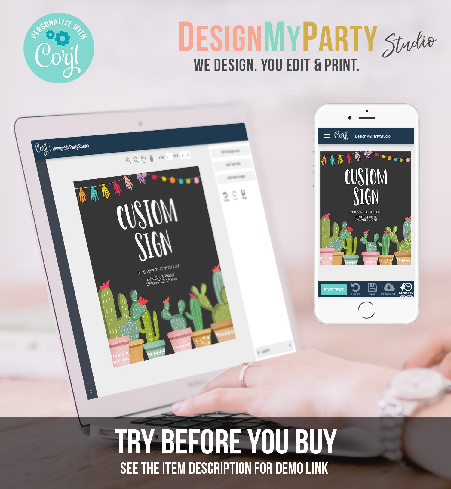 Editable Custom Sign Fiesta Cactus Sign Fiesta Decor Succulent Table Sign Shower Decor Mexican Download Corjl Template Printable 8x10 0254