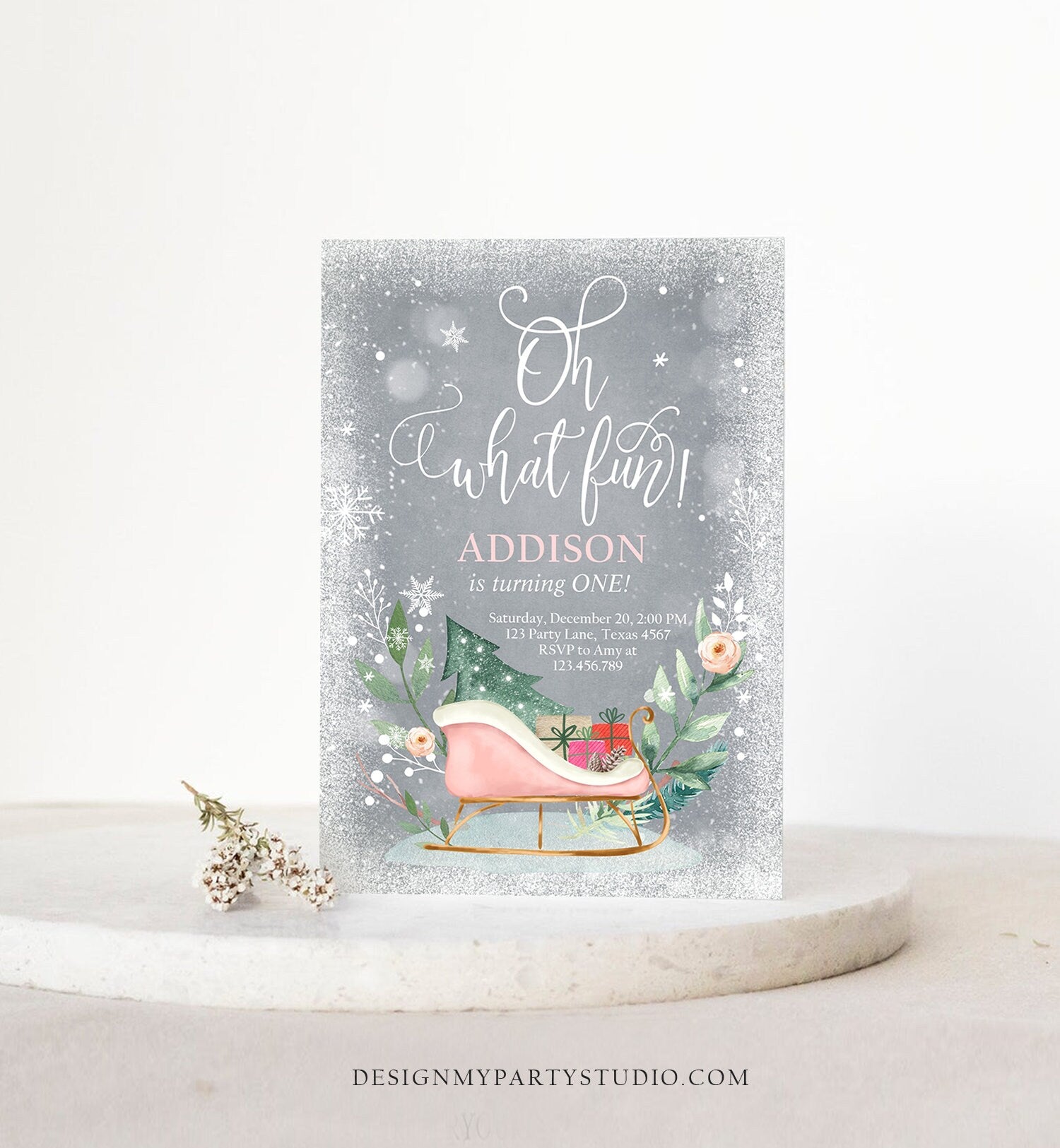 Editable Oh What Fun! Holiday 1st Winter Birthday Invitation Winter Christmas Party Sleigh Trees Girl Pink Gold Printable Template DIY 0353