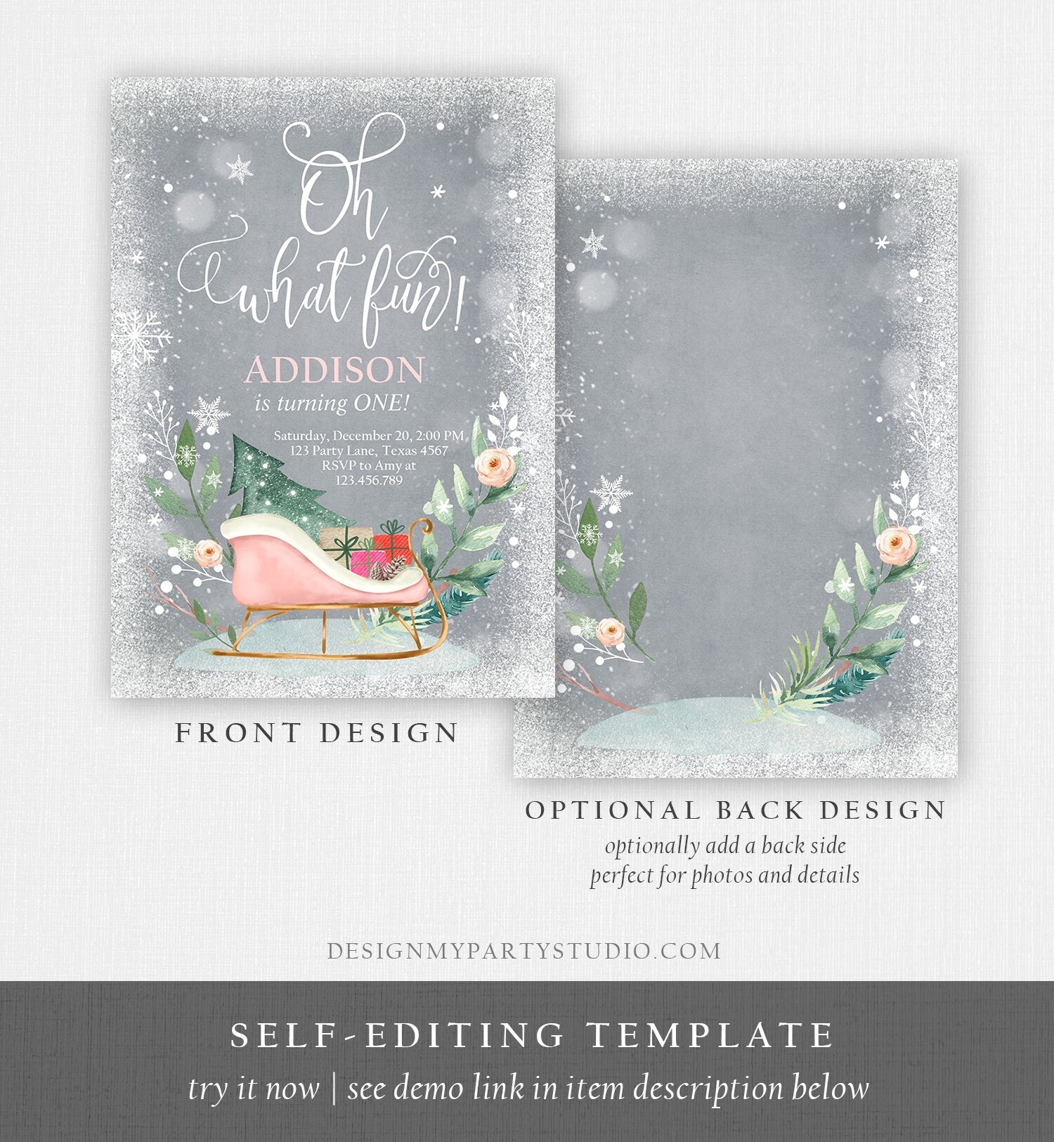 Editable Oh What Fun! Holiday 1st Winter Birthday Invitation Winter Christmas Party Sleigh Trees Girl Pink Gold Printable Template DIY 0353