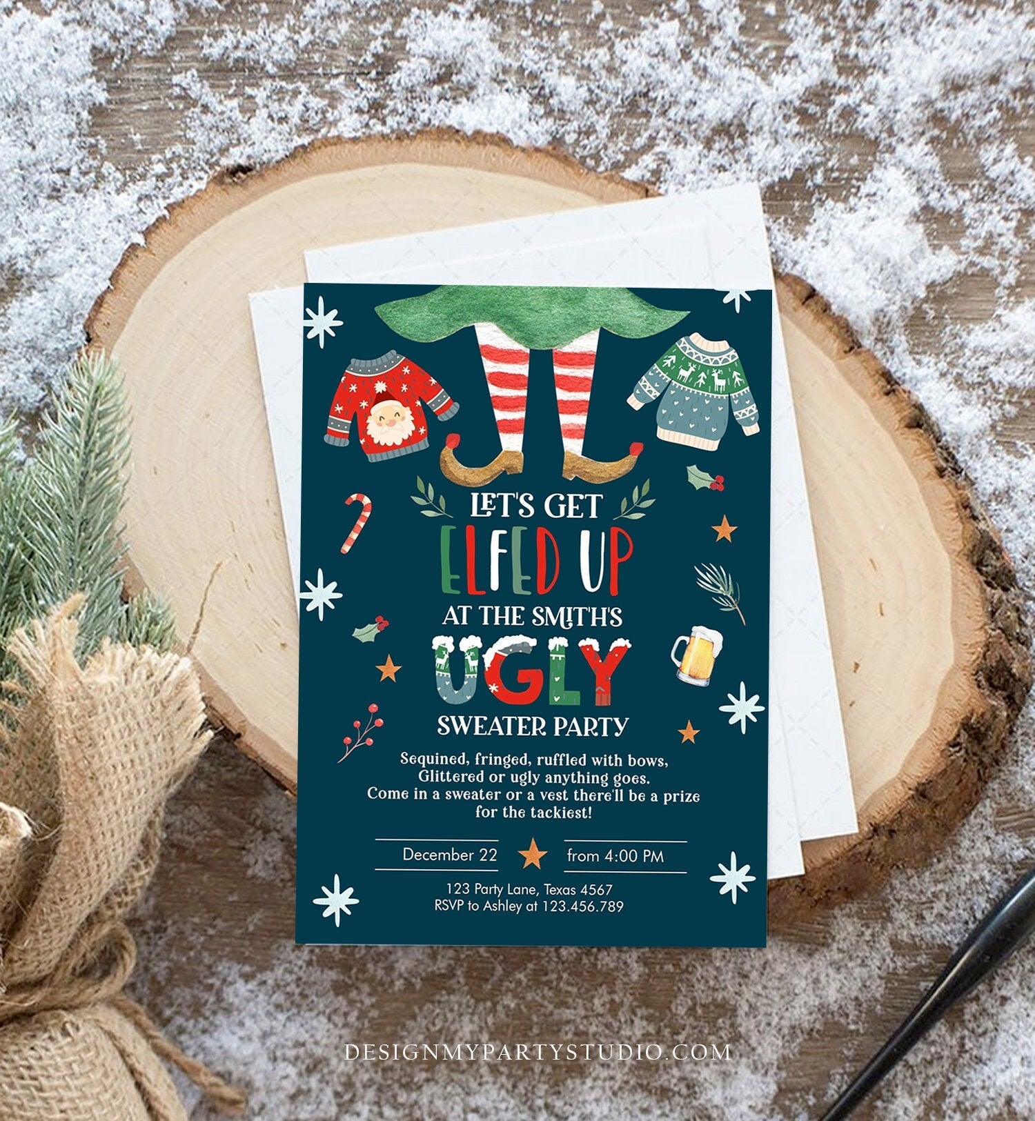 Editable Let's Get Elfed Up Christmas Party Invitation Framily Holiday Invitation Ugly Sweater Invite Elf Printable Corjl Template 0354