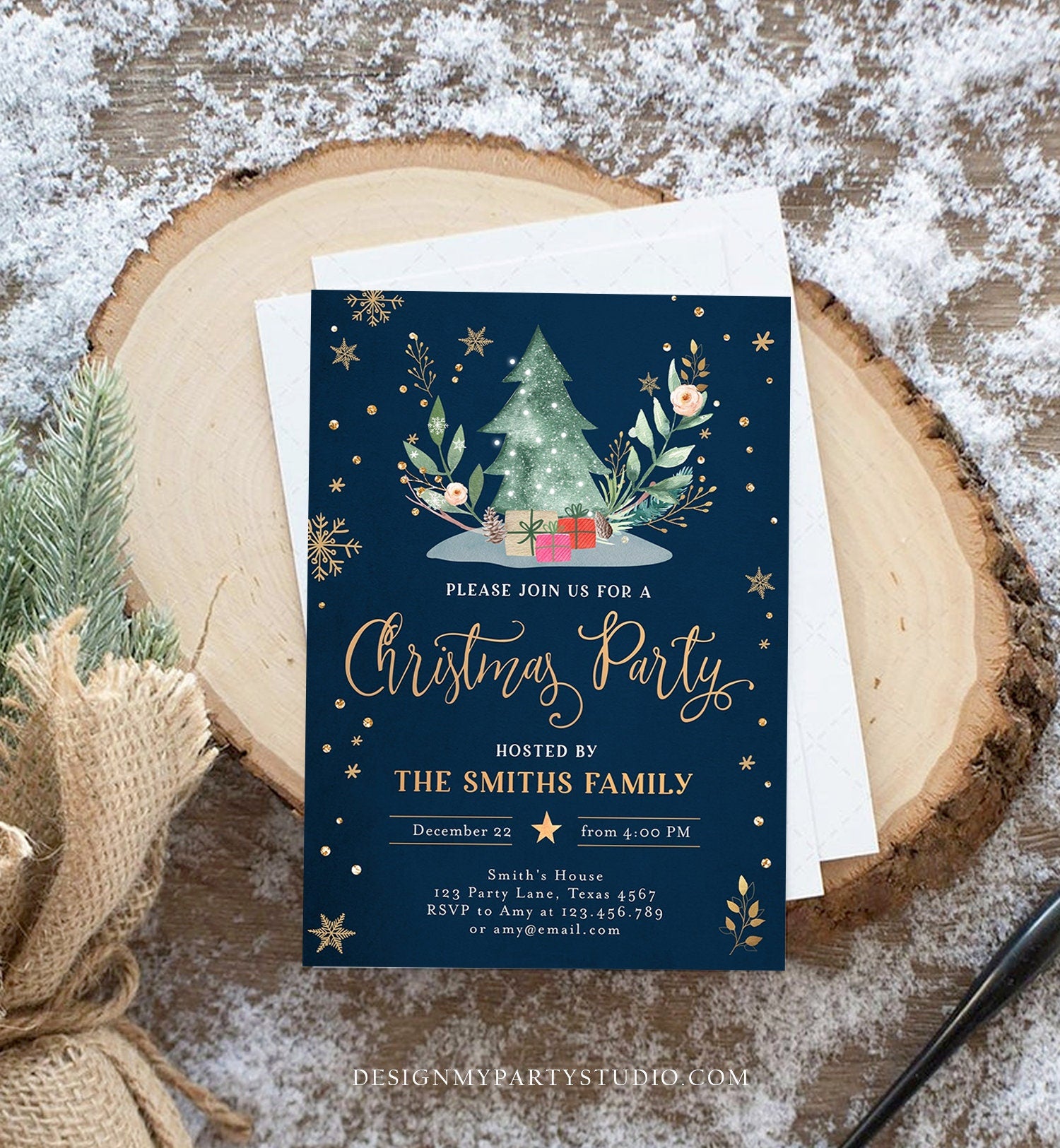 Editable Christmas Party Invitation Holiday Company It's Cold Outside Business Family Pink Gold Tree Corjl Template Download Printable 0353
