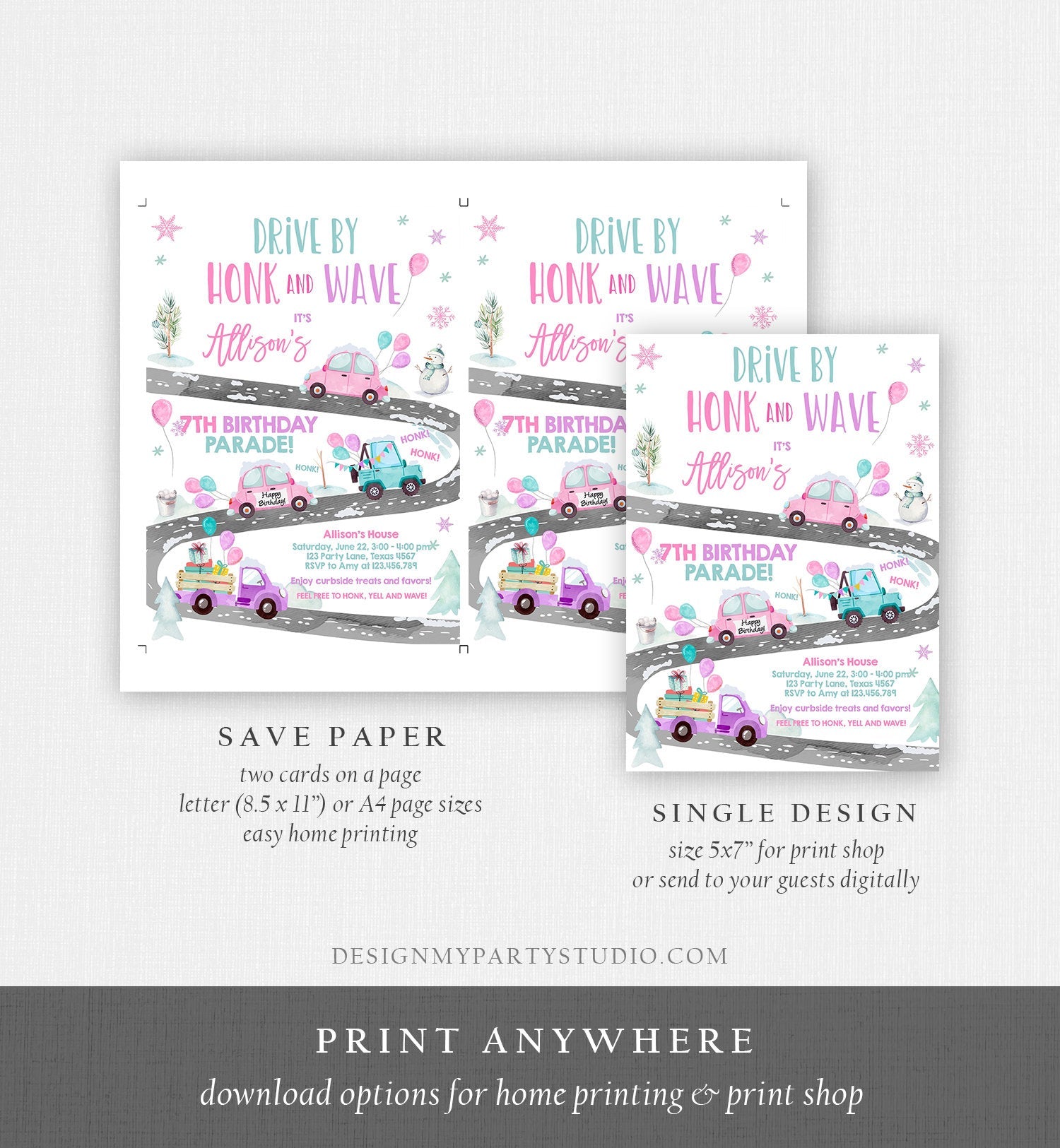 Editable Winter Drive By Birthday Invitation Parade Winter Onederland Virtual Party Invite Girl Pink Quarantine Download Digital Corjl 0333