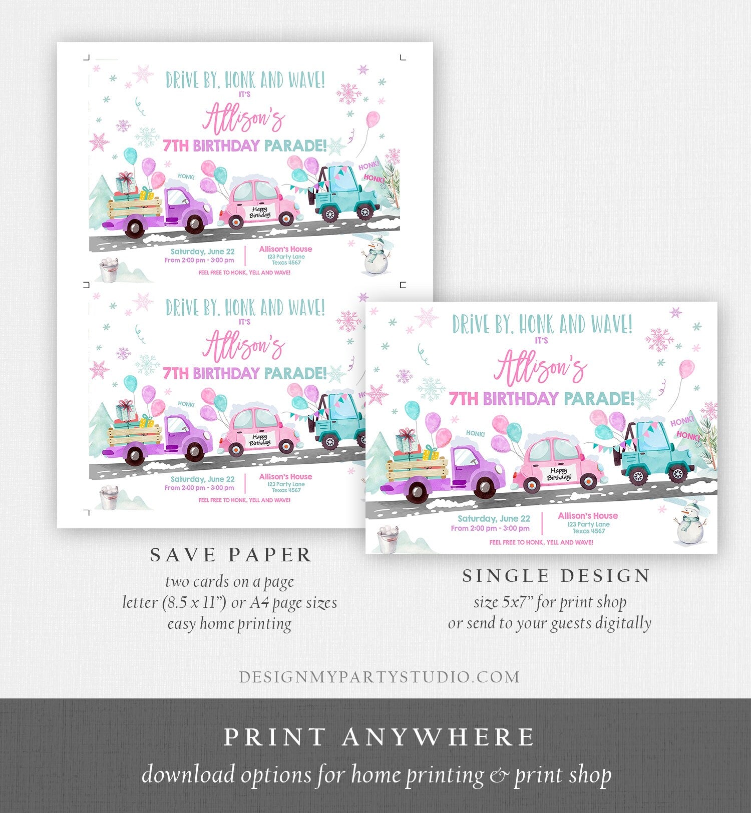 Editable Winter Drive By Birthday Invitation Parade Winter Onederland Virtual Party Invite Girl Pink Quarantine Download Digital Corjl 0333