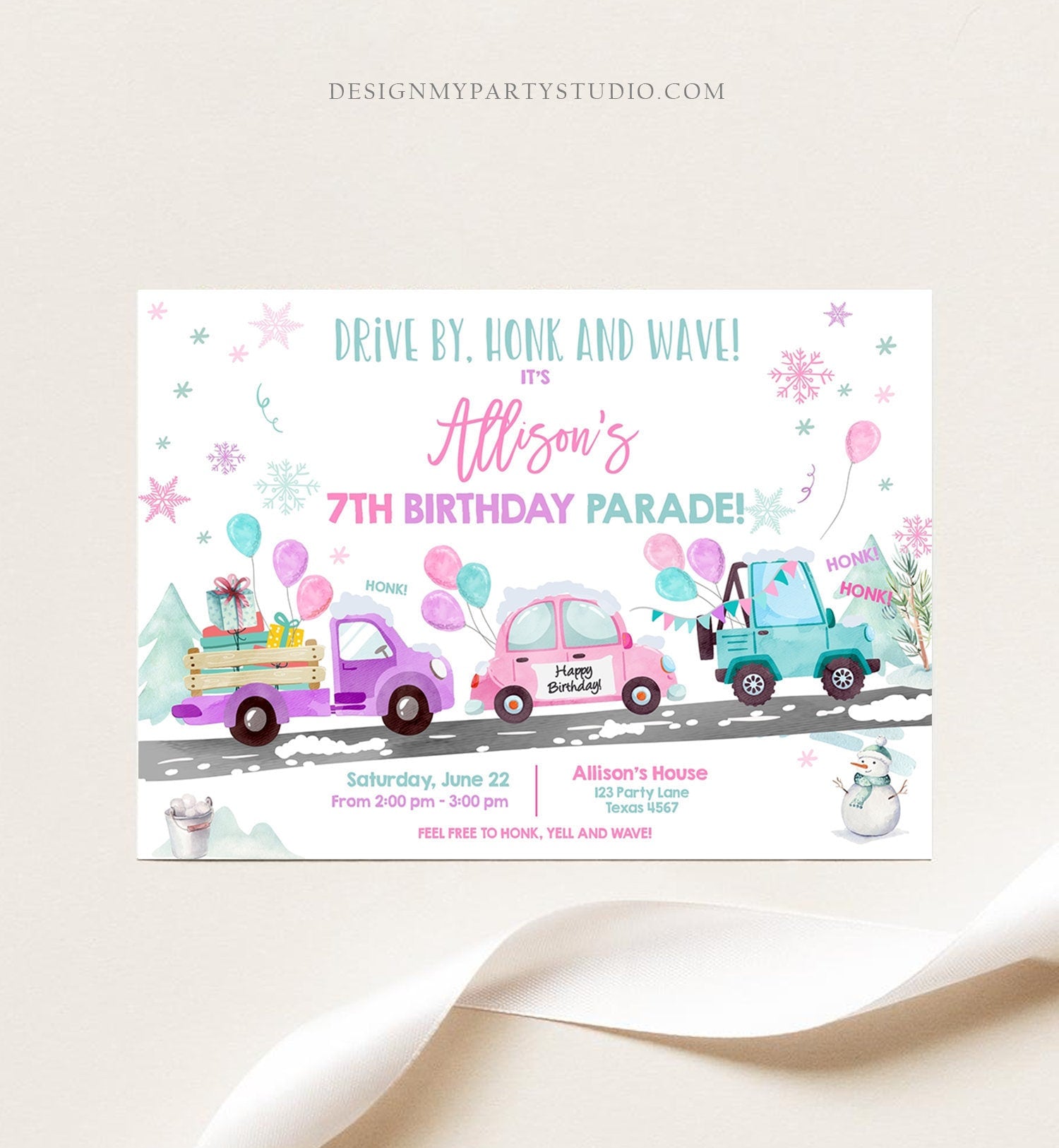 Editable Winter Drive By Birthday Invitation Parade Winter Onederland Virtual Party Invite Girl Pink Quarantine Download Digital Corjl 0333