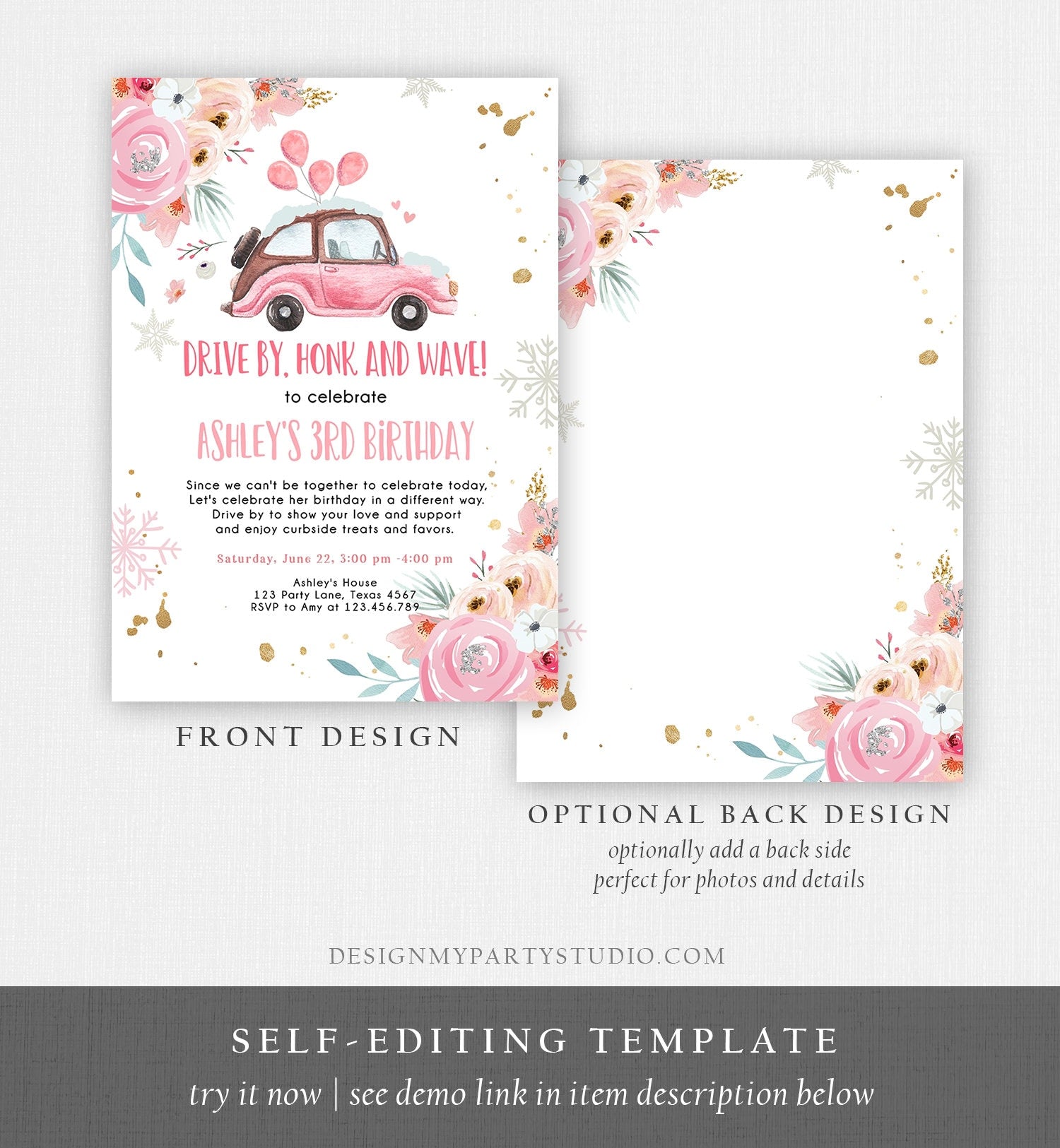 Editable Winter Drive By Birthday Parade Invitation Virtual Party Invite Snowflake Girl Pink Floral Quarantine Download Digital Corjl 0335