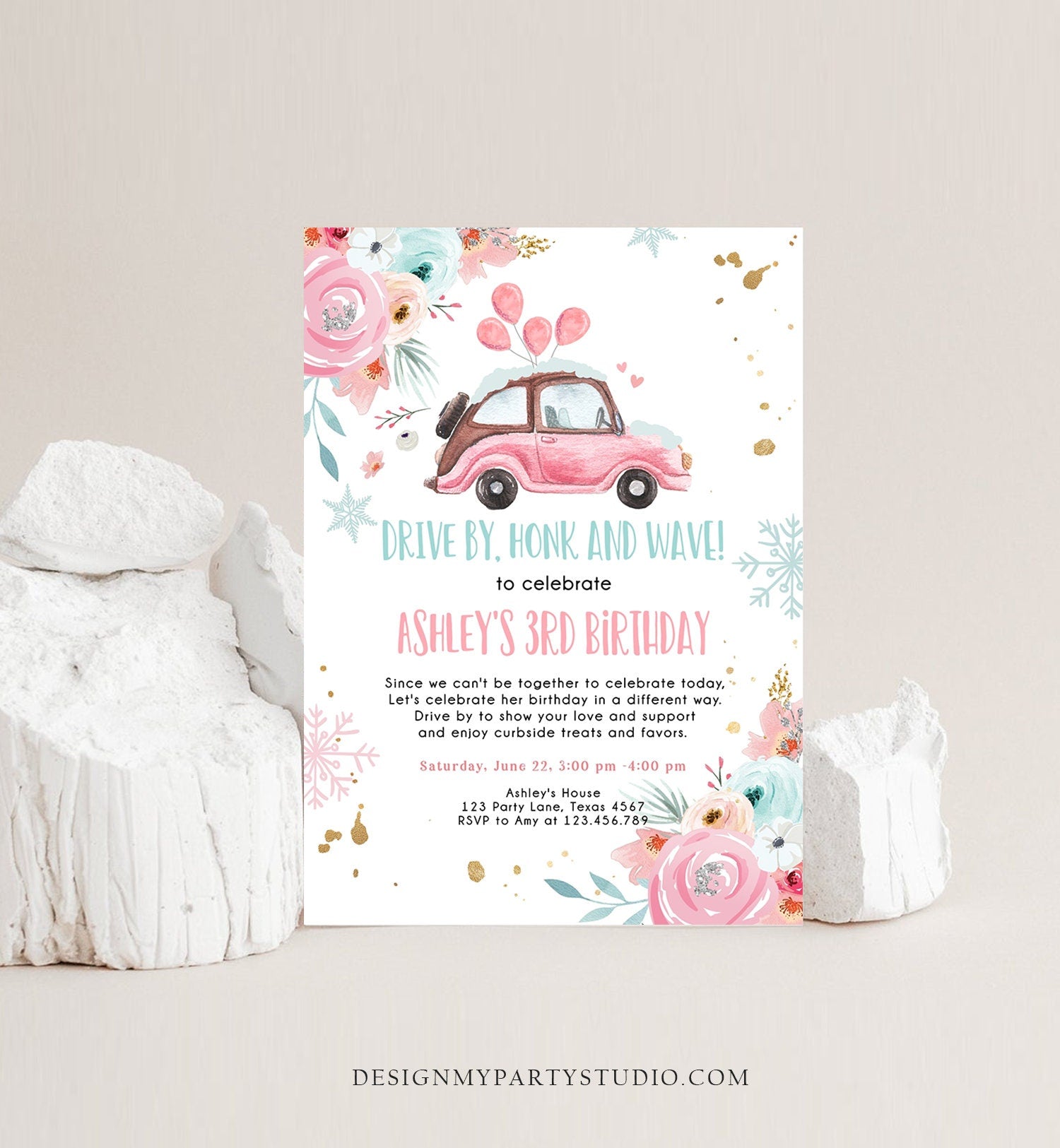 Editable Winter Drive By Birthday Parade Invitation Virtual Party Invite Snowflake Girl Pink Floral Quarantine Download Digital Corjl 0335