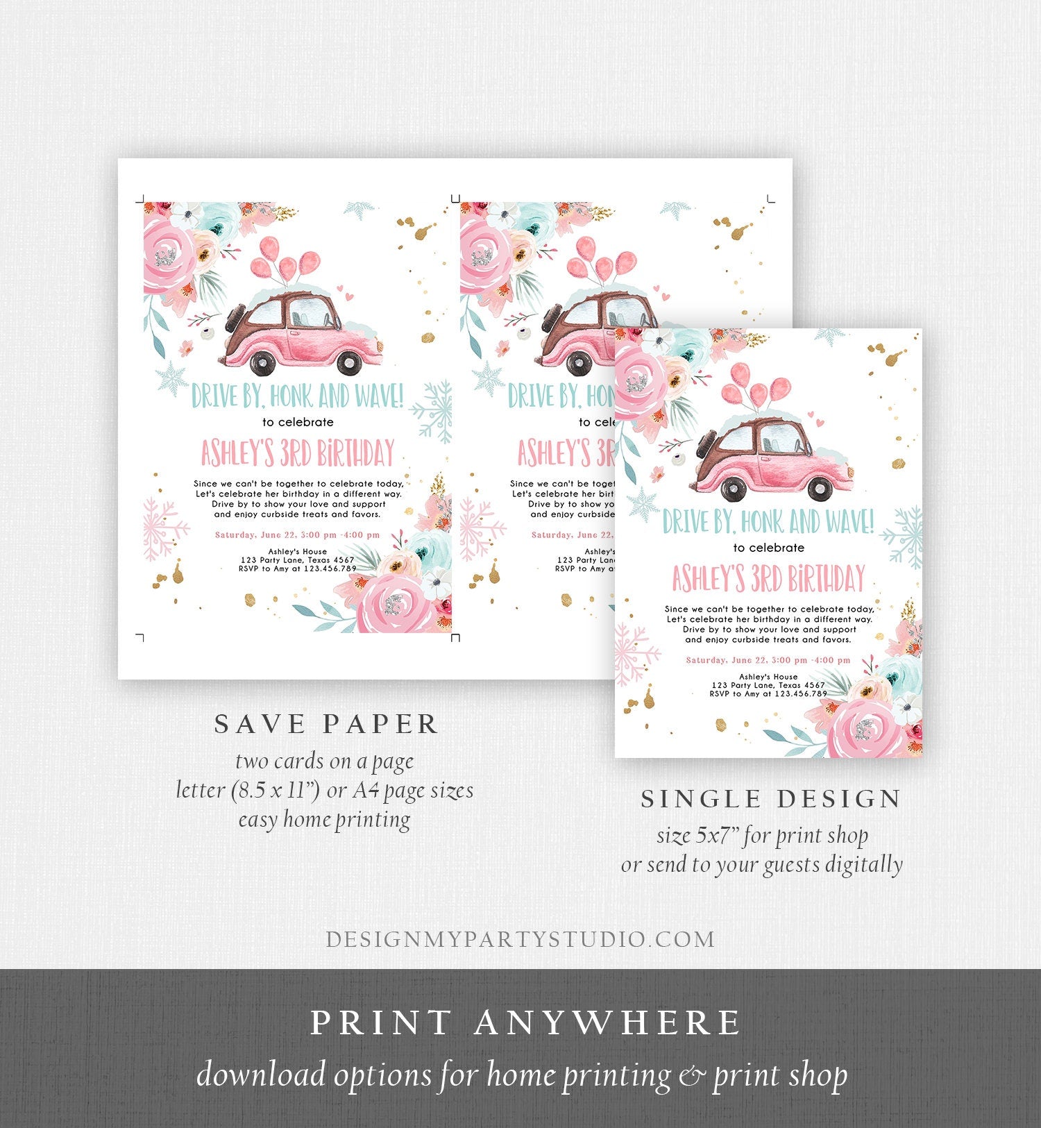 Editable Winter Drive By Birthday Parade Invitation Virtual Party Invite Snowflake Girl Pink Floral Quarantine Download Digital Corjl 0335