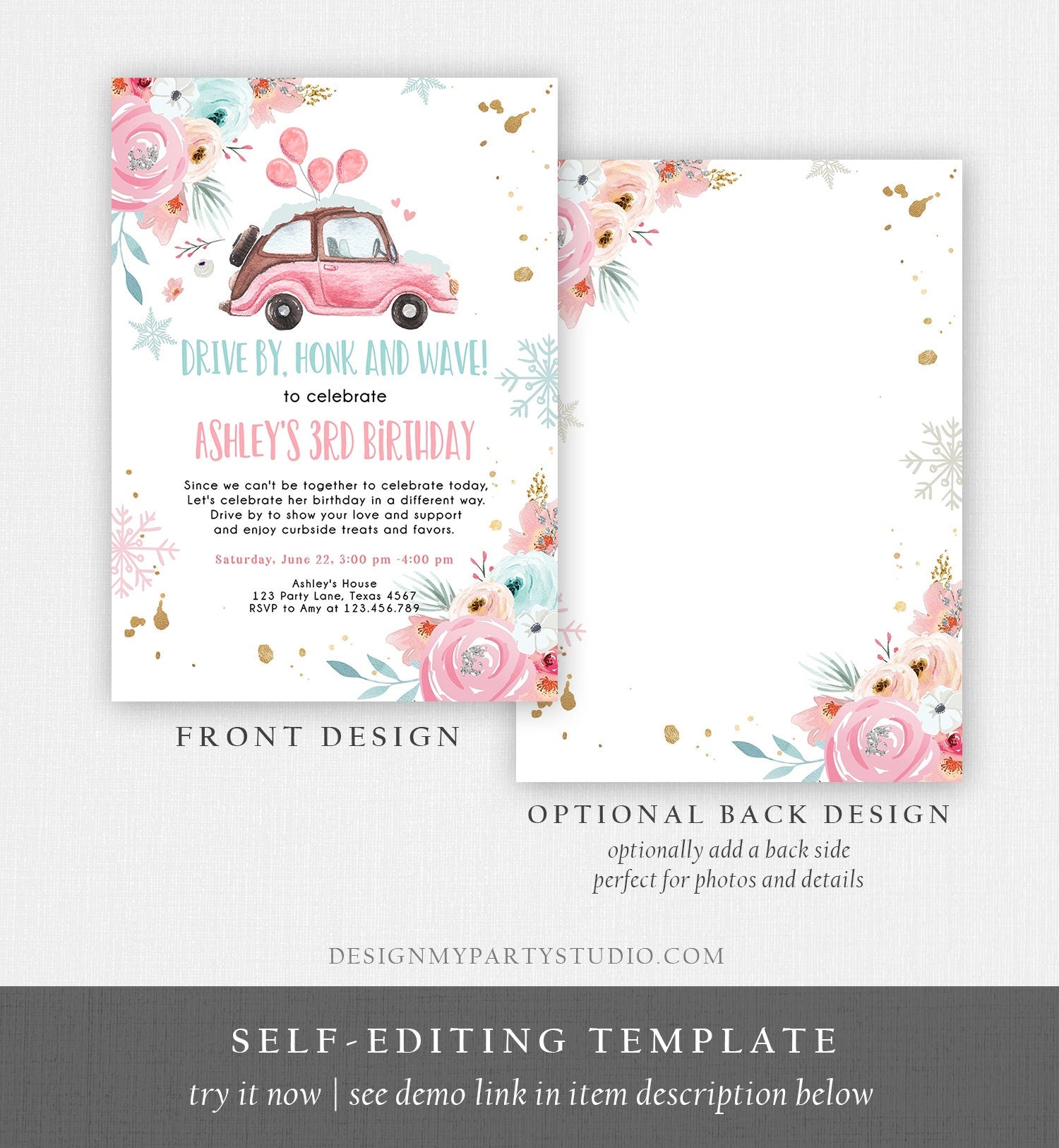 Editable Winter Drive By Birthday Parade Invitation Virtual Party Invite Snowflake Girl Pink Floral Quarantine Download Digital Corjl 0335