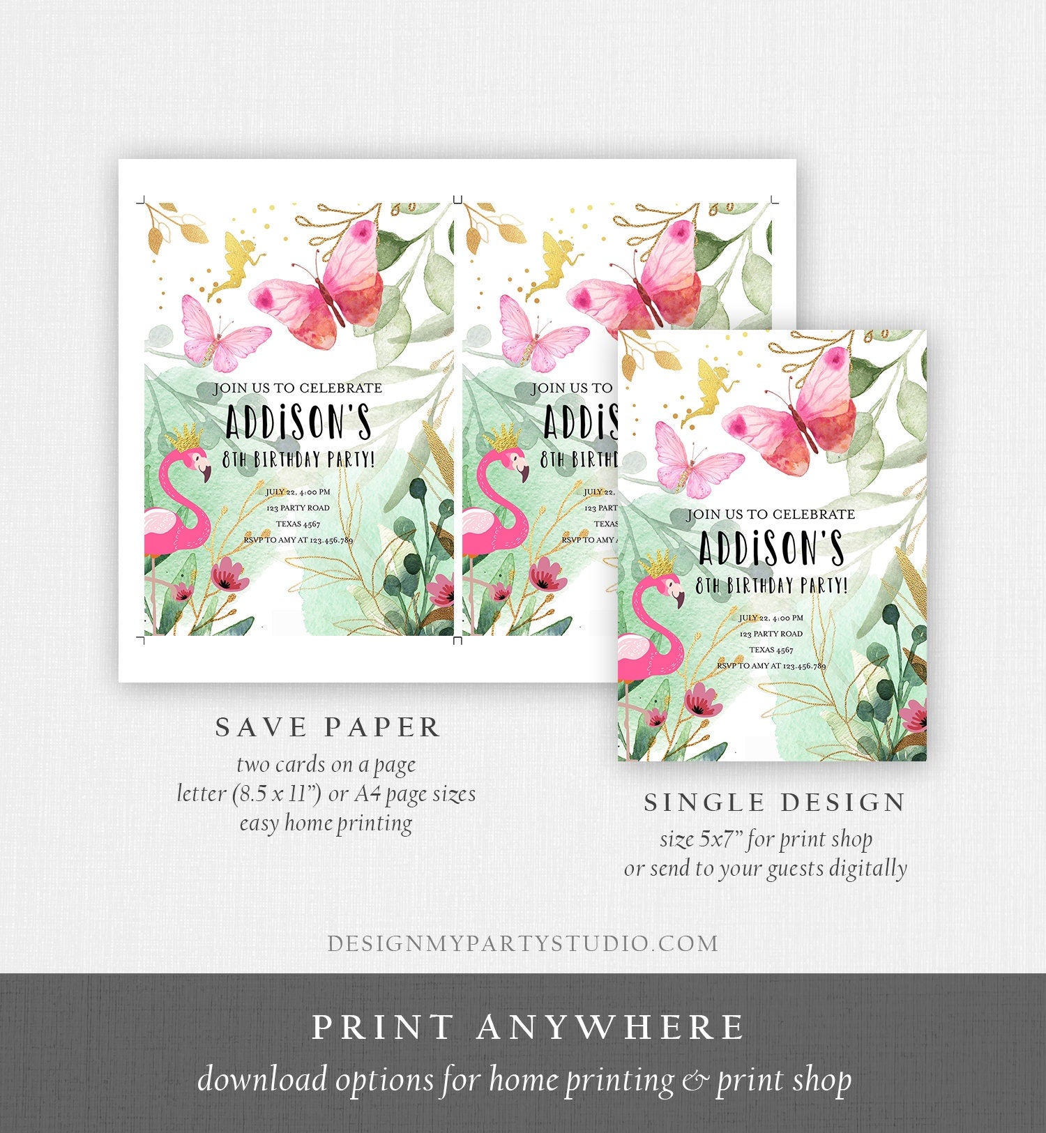 Editable Butterfly Birthday Invitation Flamingo Invitation Garden Floral Flowers Pink Gold Girl Fairy Download Printable Template Corjl 0170