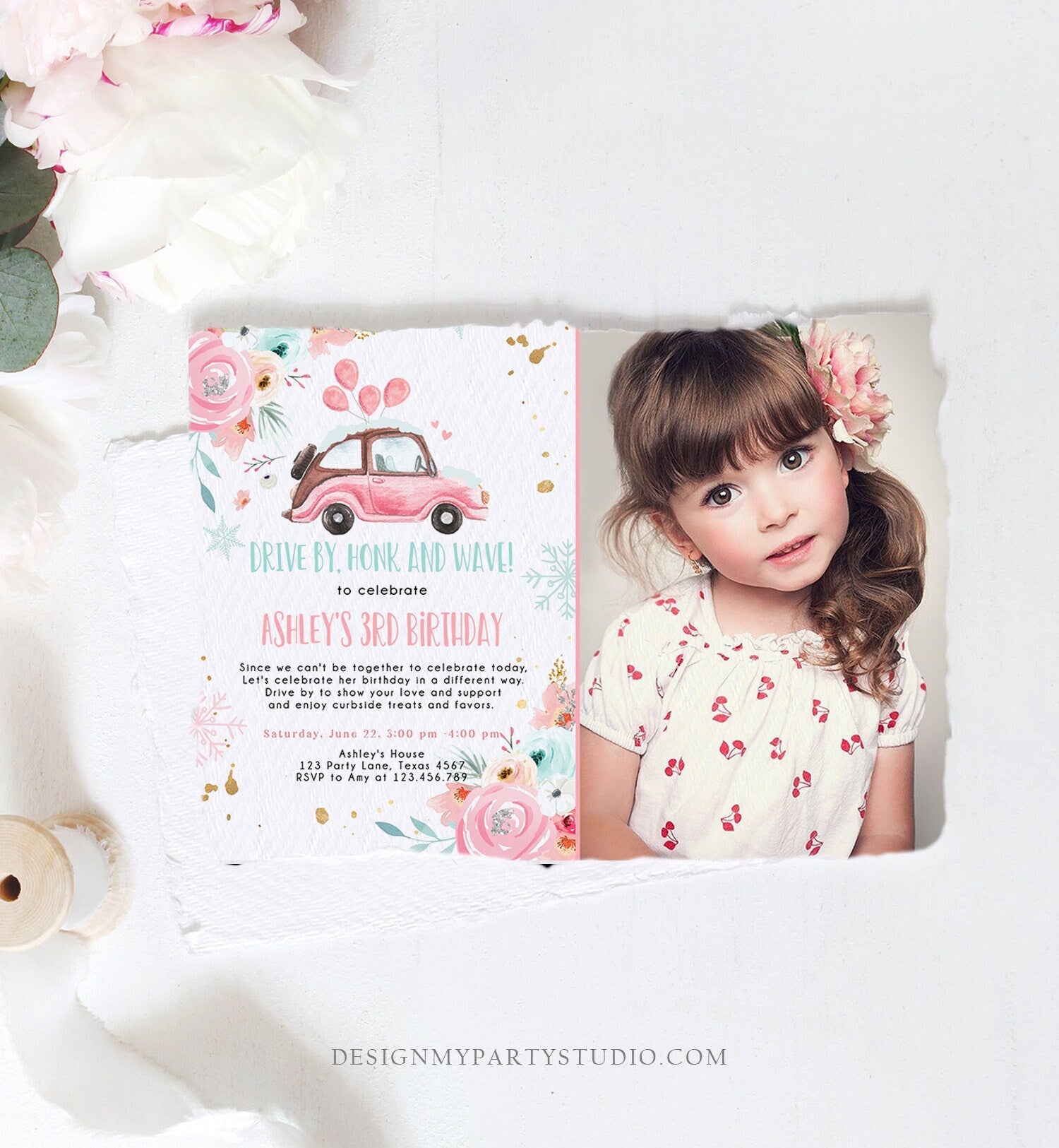 Editable Winter Drive By Birthday Parade Invitation Virtual Party Invite Snowflake Girl Pink Floral Quarantine Download Digital Corjl 0335