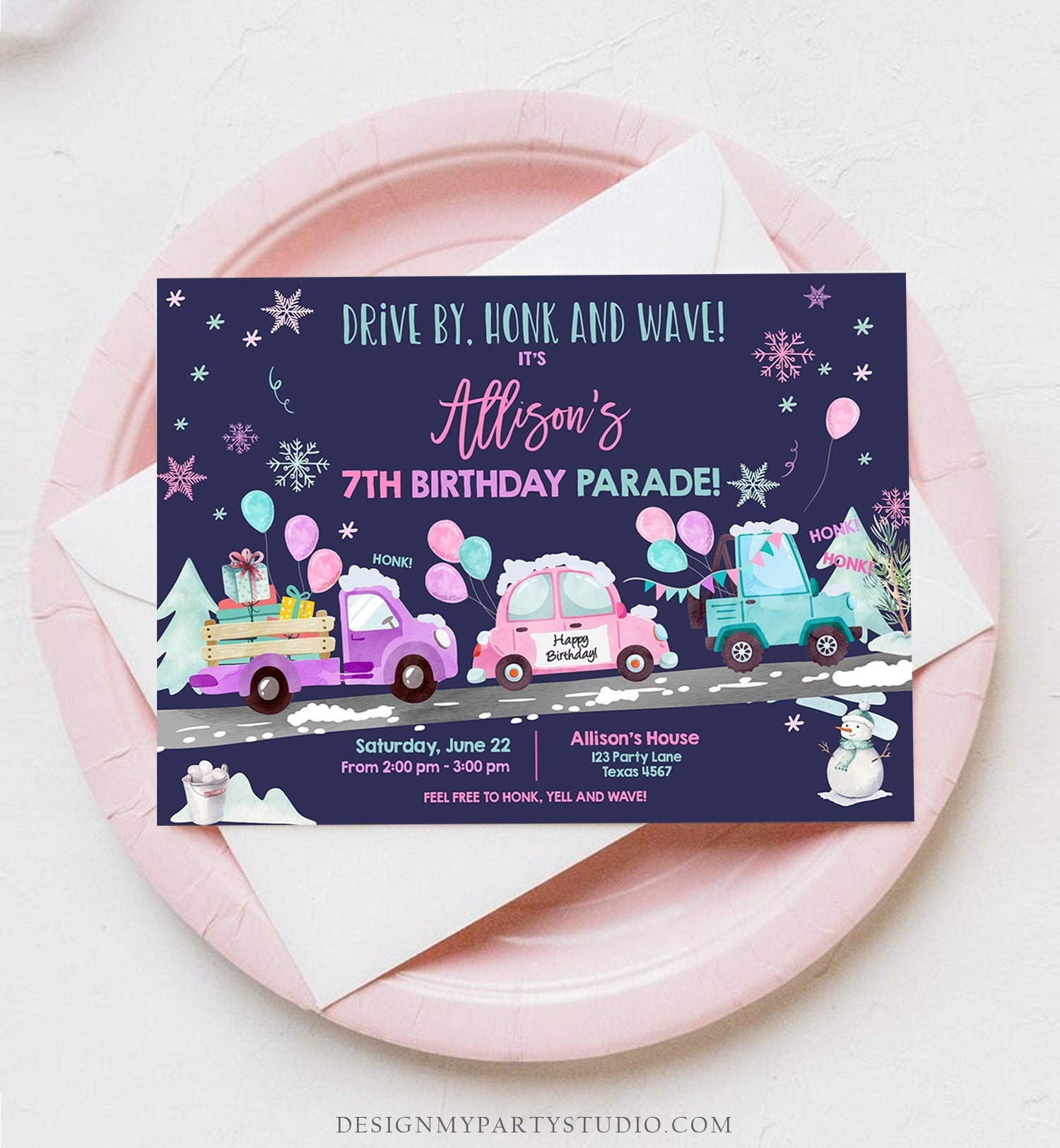 Editable Winter Drive By Birthday Invitation Parade Winter Onederland Virtual Party Invite Girl Pink Quarantine Download Digital Corjl 0333