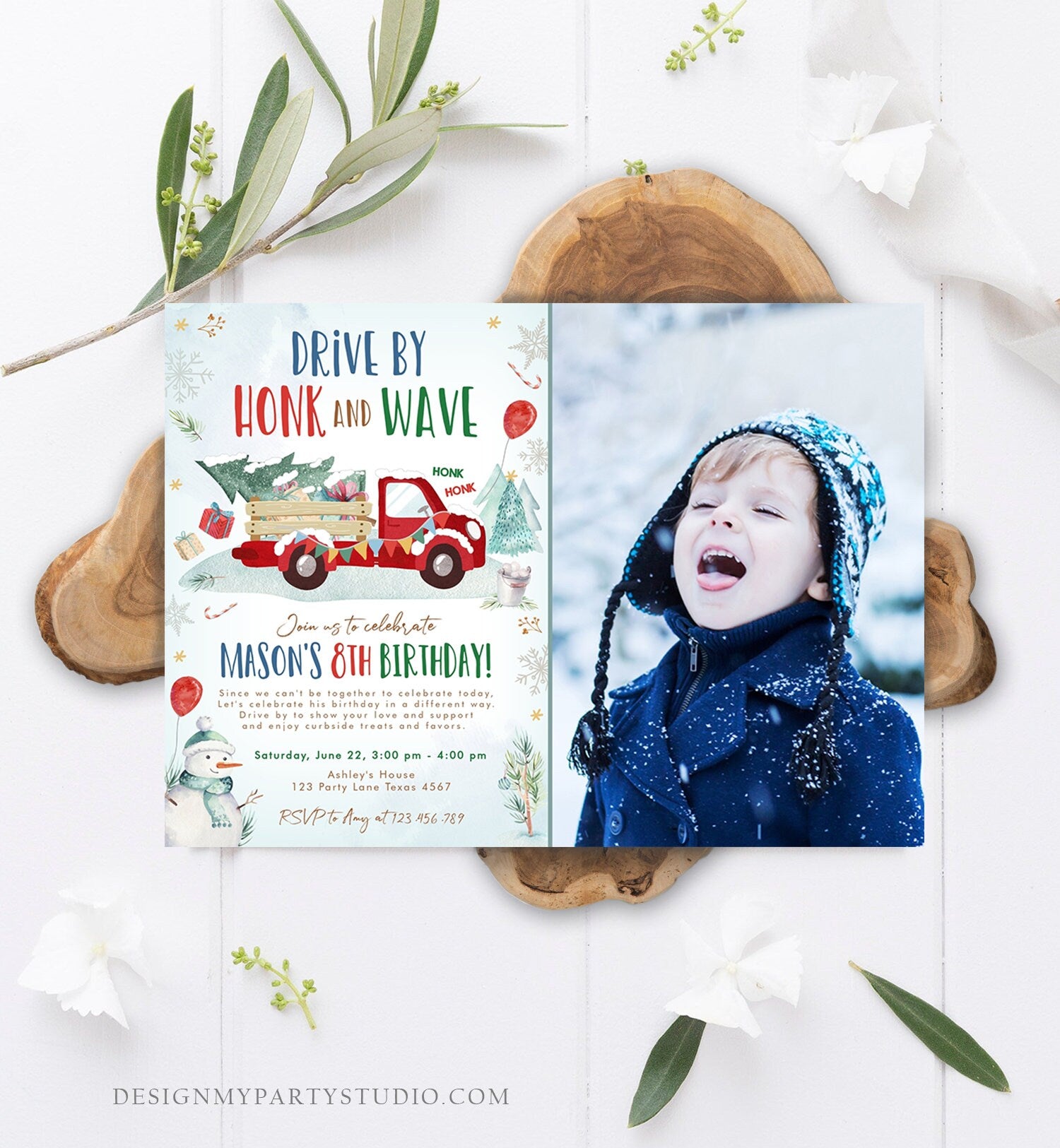 Editable Winter Drive By Birthday Invitation Parade Winter Onederland Virtual Party Invite Boy Red Truck Quarantine Download Corjl 0278