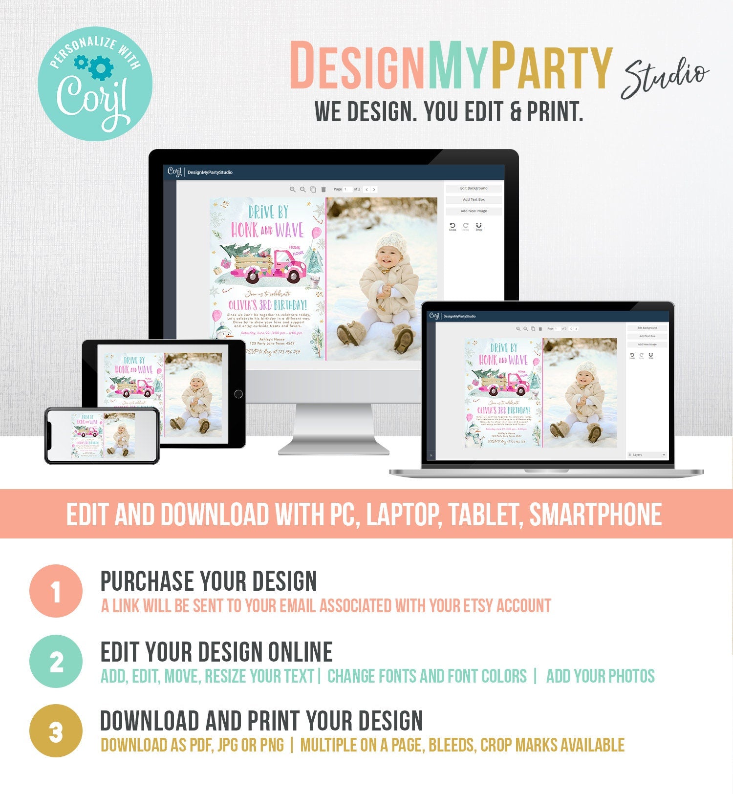 Editable Winter Drive By Birthday Invitation Parade Winter Onederland Virtual Party First 1st Girl Pink Truck Quarantine Download Corjl 0278