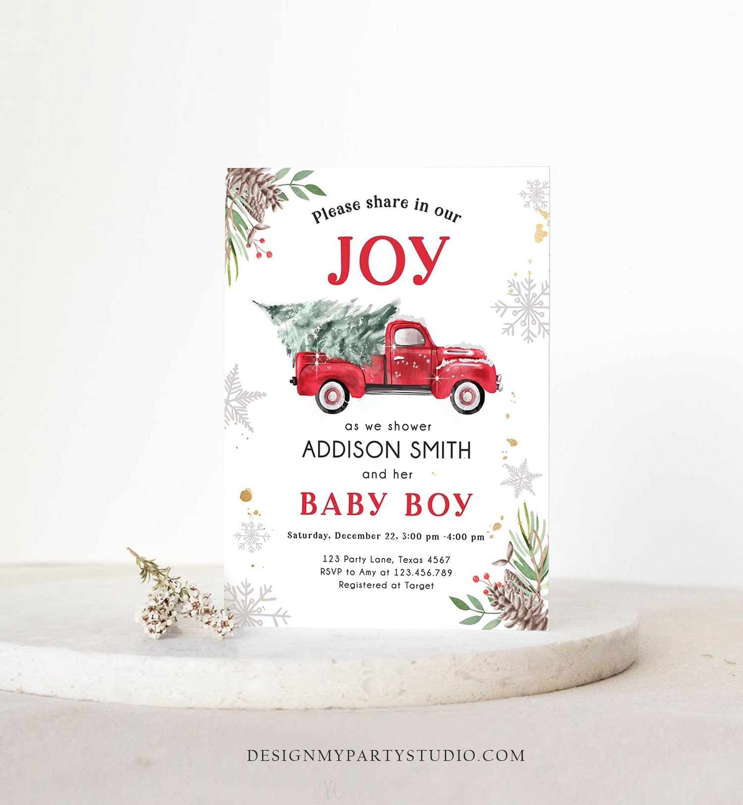 Editable Red Truck Baby Shower Invitation Winter Baby Shower Baby Boy Christmas Tree Truck Watercolor December Template Download Corjl 0356