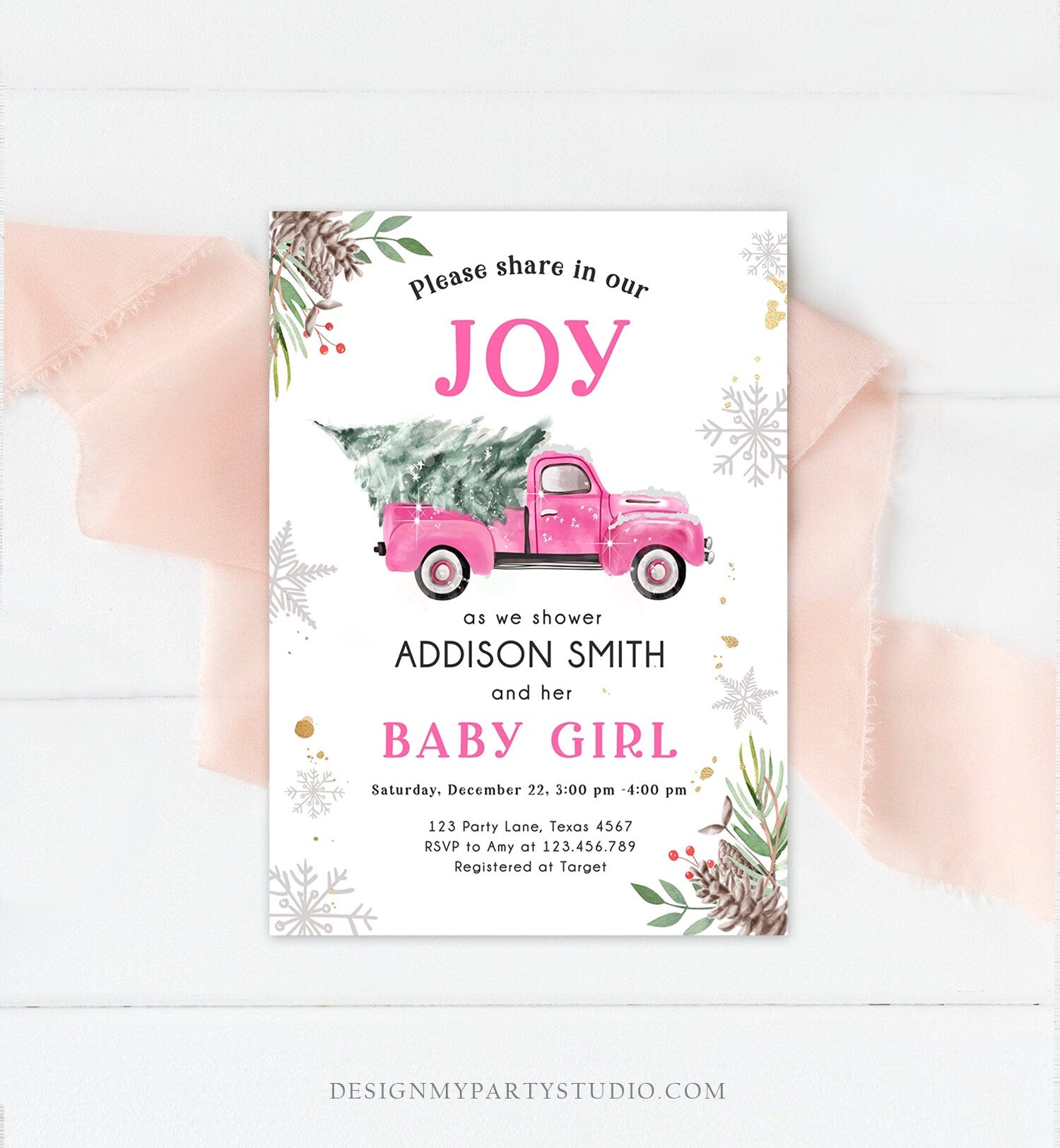 Editable Pink Truck Baby Shower Invitation Winter Baby Shower Baby Girl Christmas Tree Watercolor December Template Download Corjl 0356