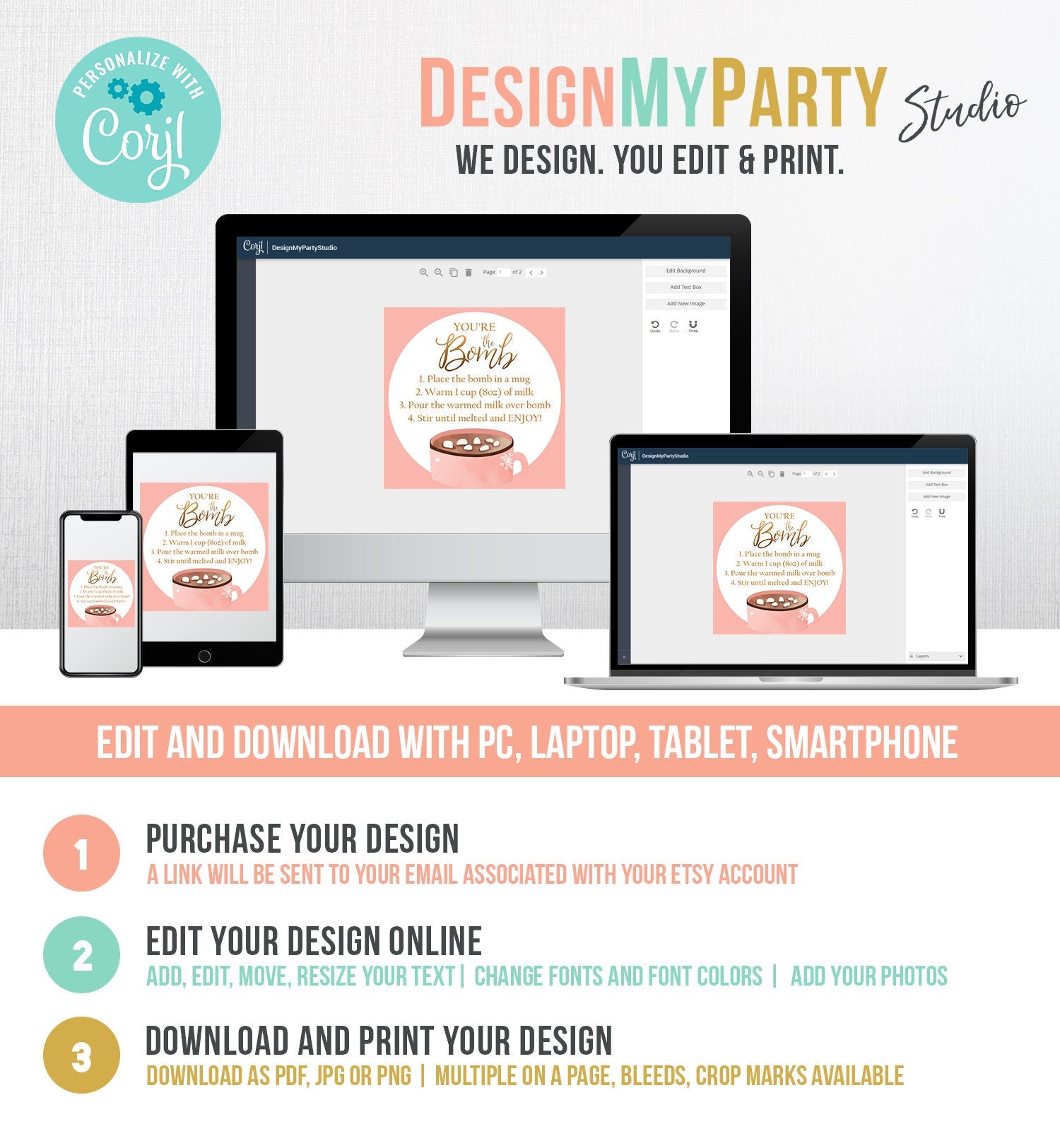 Editable Hot Chocolate Bomb Tags Bomb Instructions Cookies and Cocoa Favor Tags Winter Christmas You're The Bomb Digital PRINTABLE 0353