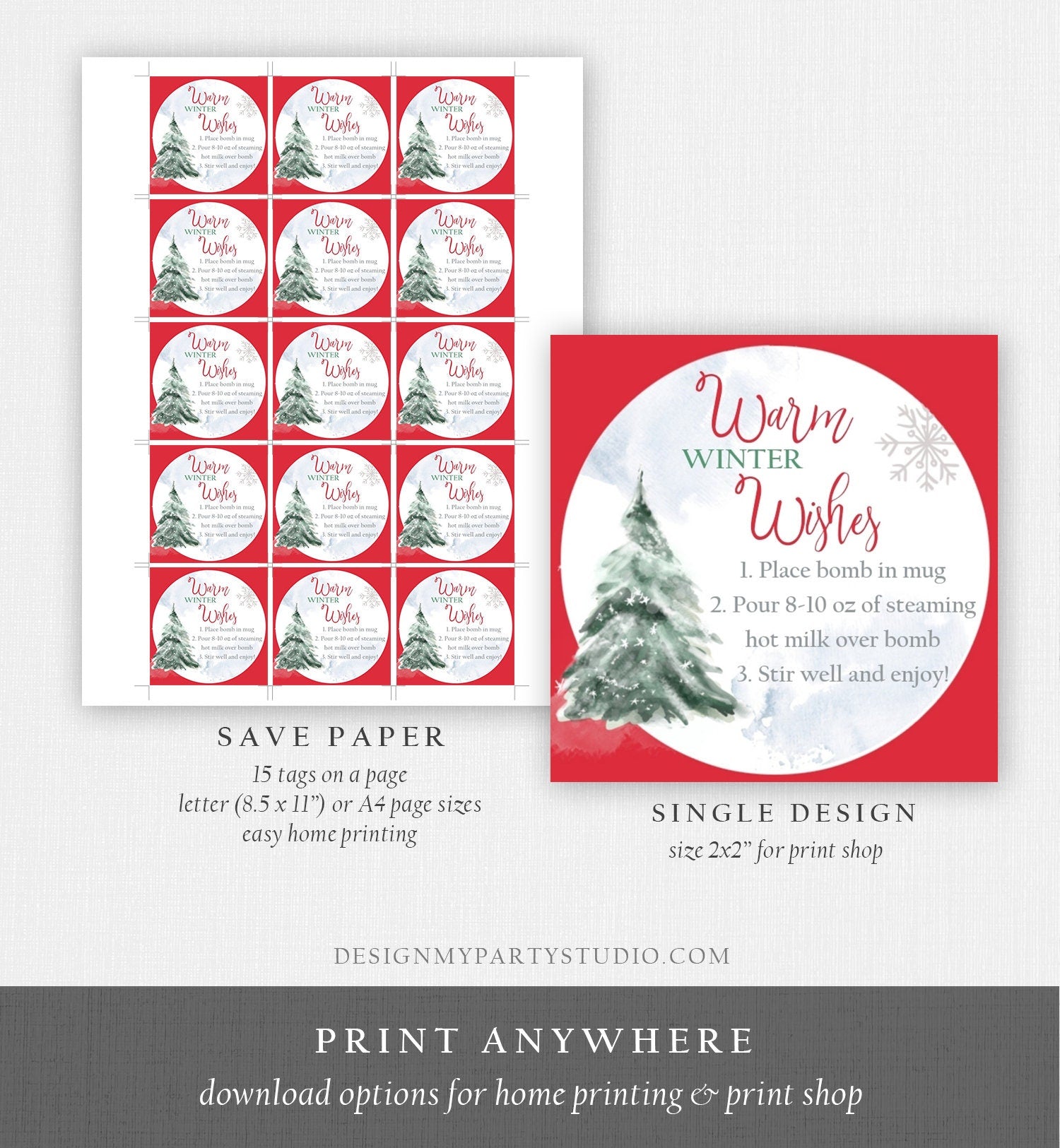 Editable Hot Chocolate Bomb Tags Bomb Instructions Hot Cocoa Tags Bomb Label Tree Winter Christmas Warm Winter Wishes Digital PRINTABLE 0363