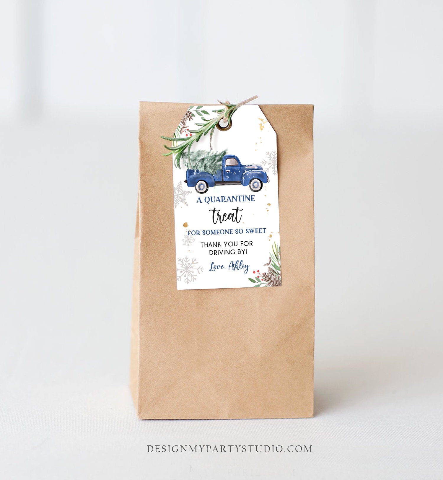Editable Drive By Favor Tag Drive Through Baby Shower Bridal Birthday Thank You Gift Quarantine Blue Boy Truck Winter Christmas Corjl 0356