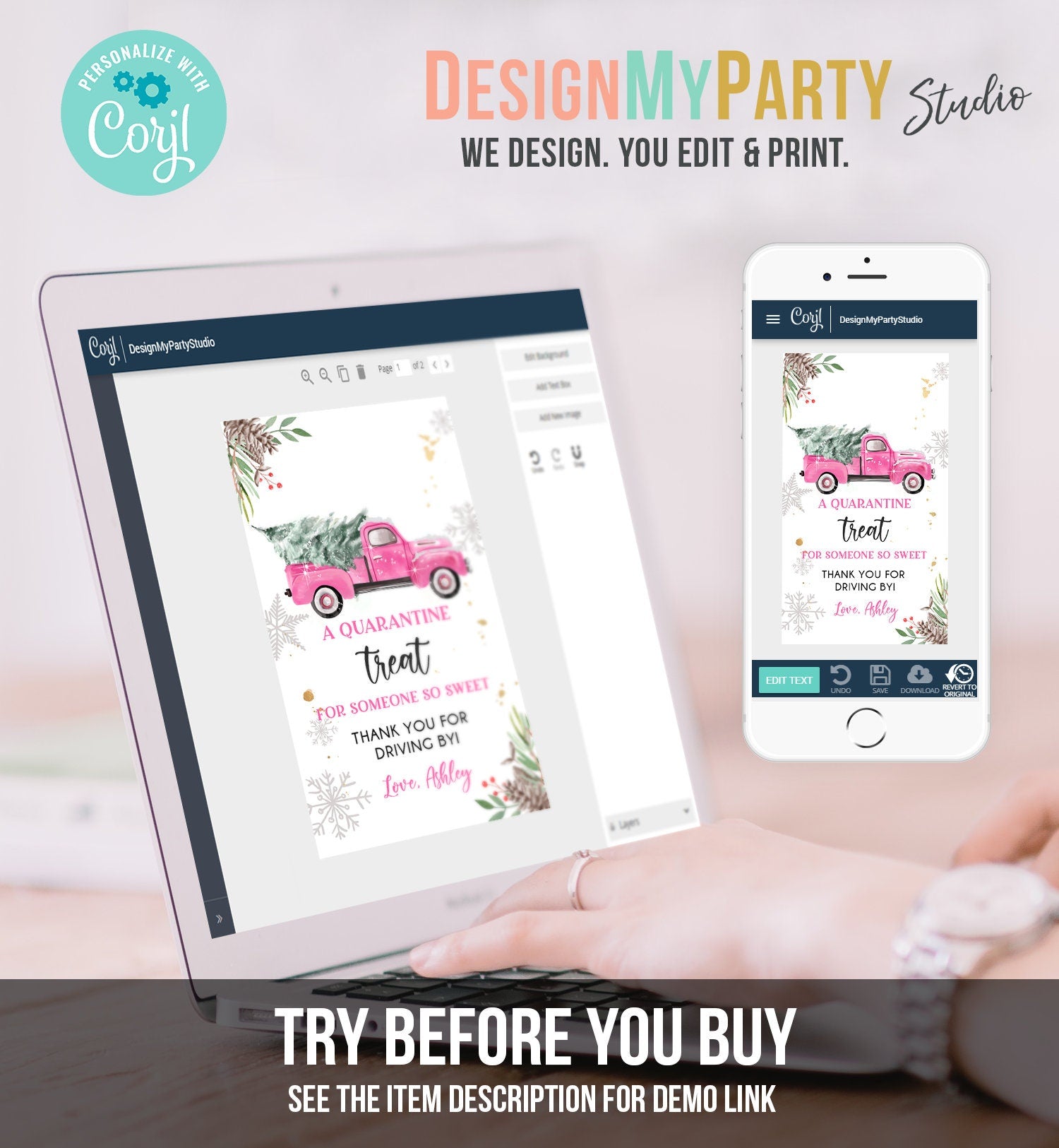 Editable Drive By Favor Tag Drive Through Baby Shower Bridal Birthday Thank You Gift Quarantine Pink Girl Truck Winter Christmas Corjl 0356