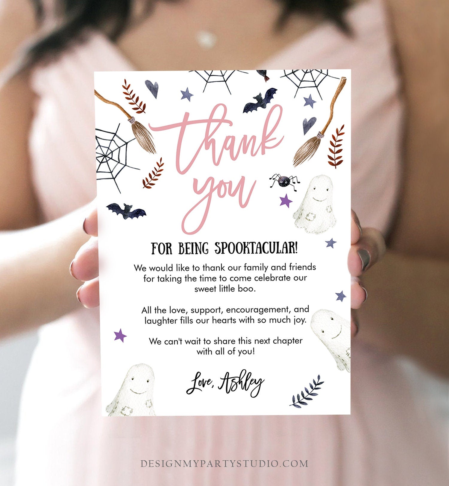 Editable Peek A Boo Baby Shower Thank You Card Halloween Birthday Thank You Blush Pink Girl Spooktacular Printable Template Corjl 0199