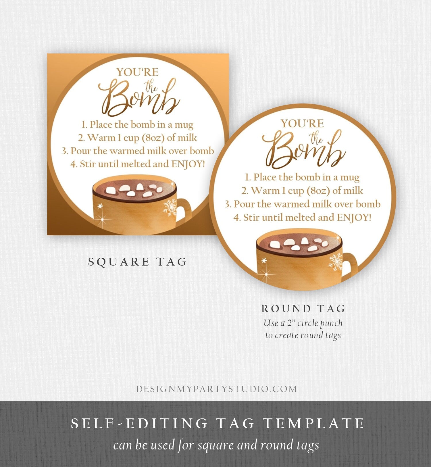 Editable Hot Chocolate Bomb Tags Bomb Instructions Cookies and Cocoa Favor Tags Winter Christmas You're The Bomb Gold Digital PRINTABLE 0353