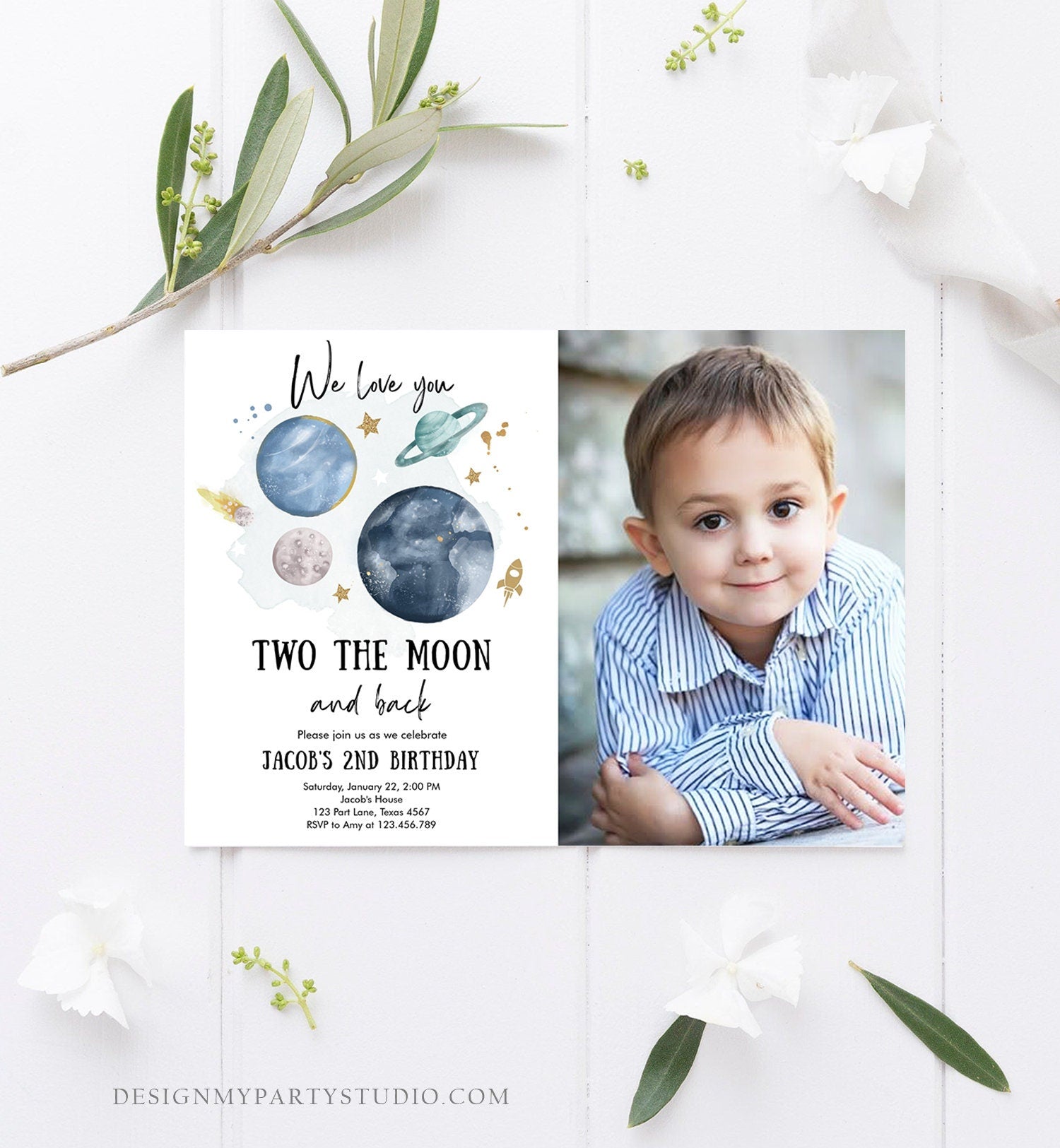Editable Two the Moon 2nd Birthday Invitation Space Astronaut Love you to the Moon Galaxy Download Printable Template Digital Corjl 0357