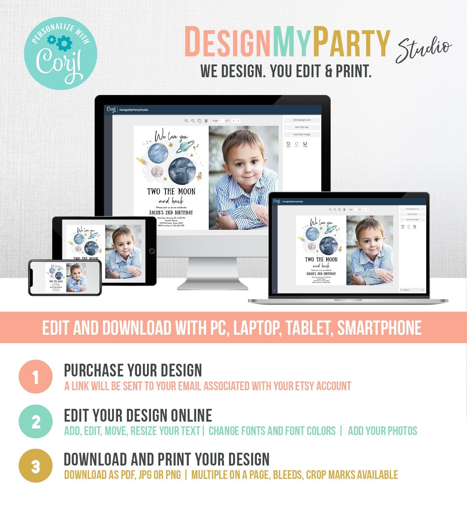 Editable Two the Moon 2nd Birthday Invitation Space Astronaut Love you to the Moon Galaxy Download Printable Template Digital Corjl 0357