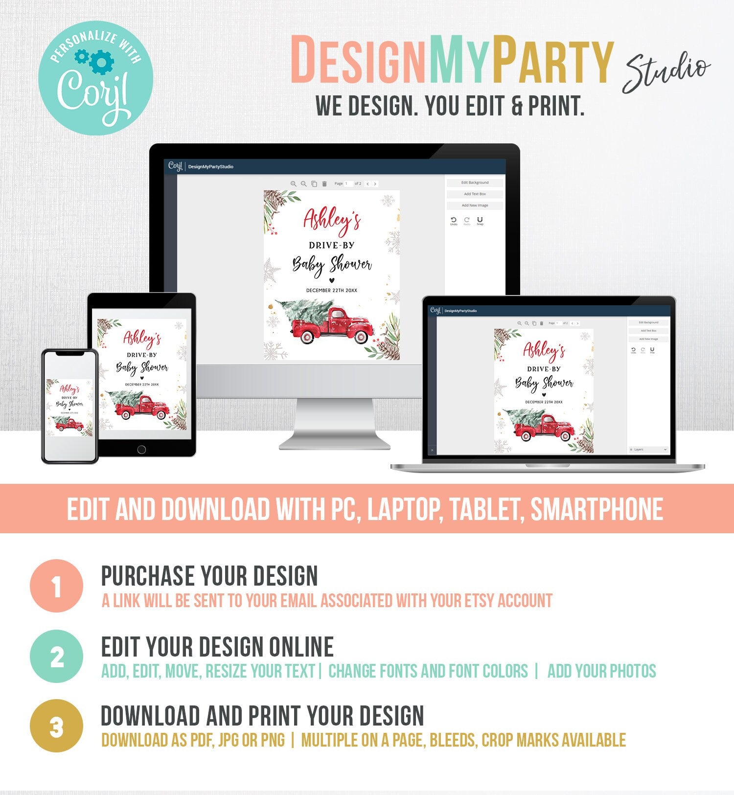 Editable Drive By Baby Shower Welcome Sign Christmas Tree Red Truck Winter Yard Snow Snowflakes Watercolor Corjl Template PRINTABLE 0356