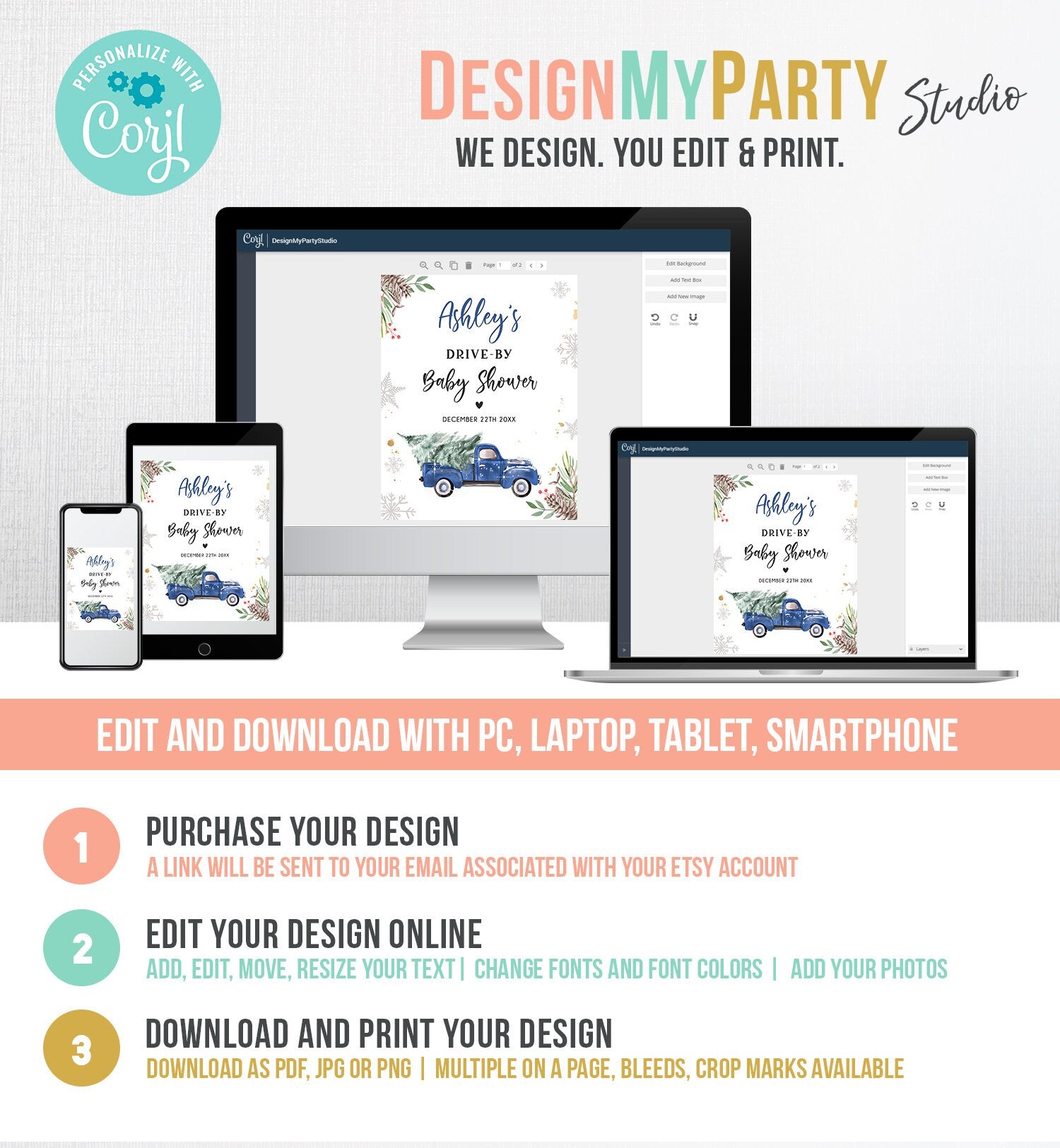 Editable Drive By Baby Shower Welcome Sign Christmas Tree Blue Truck Winter Yard Snow Snowflakes Watercolor Corjl Template PRINTABLE 0356