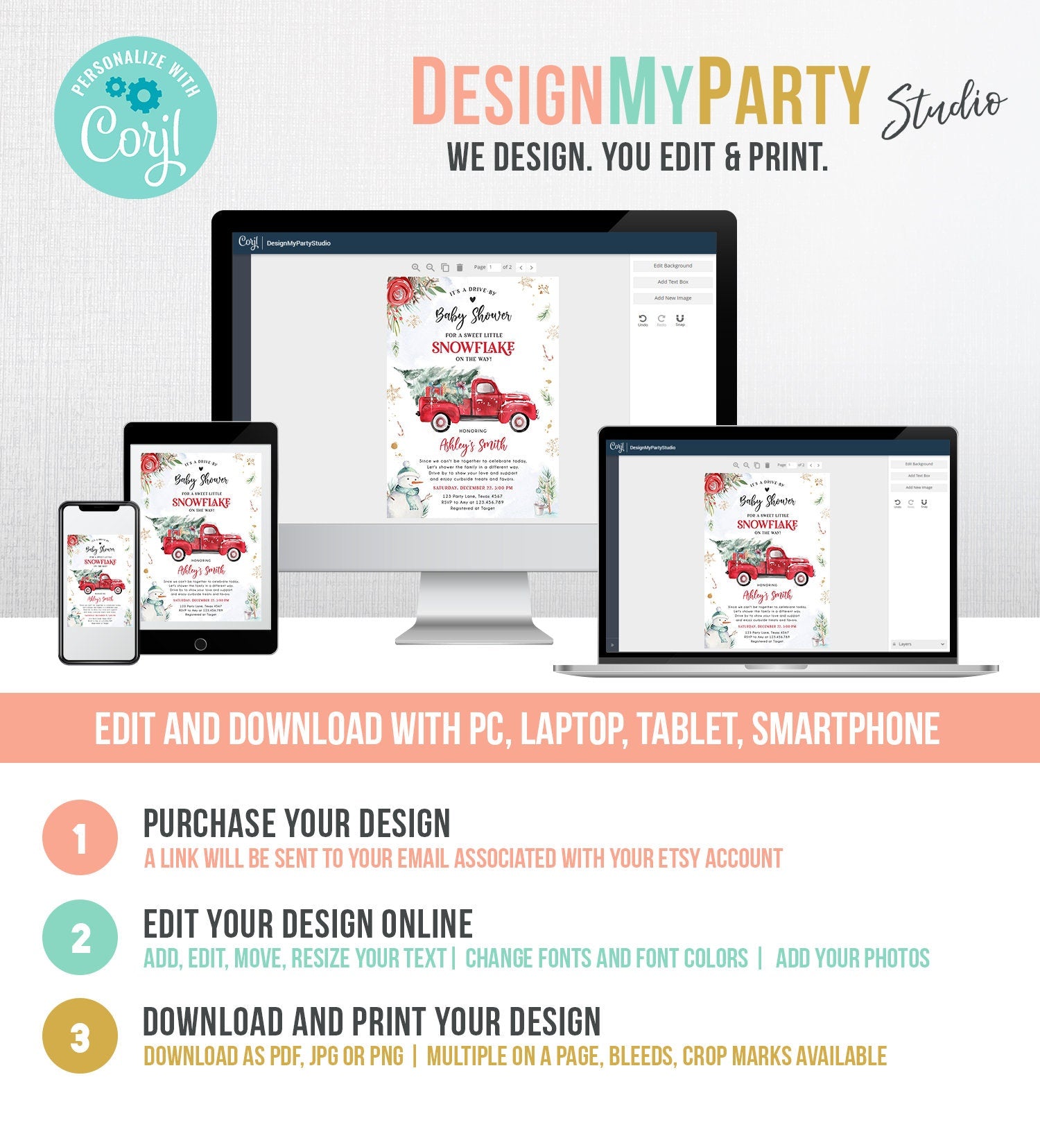 Editable Winter Drive By Baby Shower Invitation Red Truck Little Snowflake Gender Neutral Drive Through Tree Template Download Corjl 0356