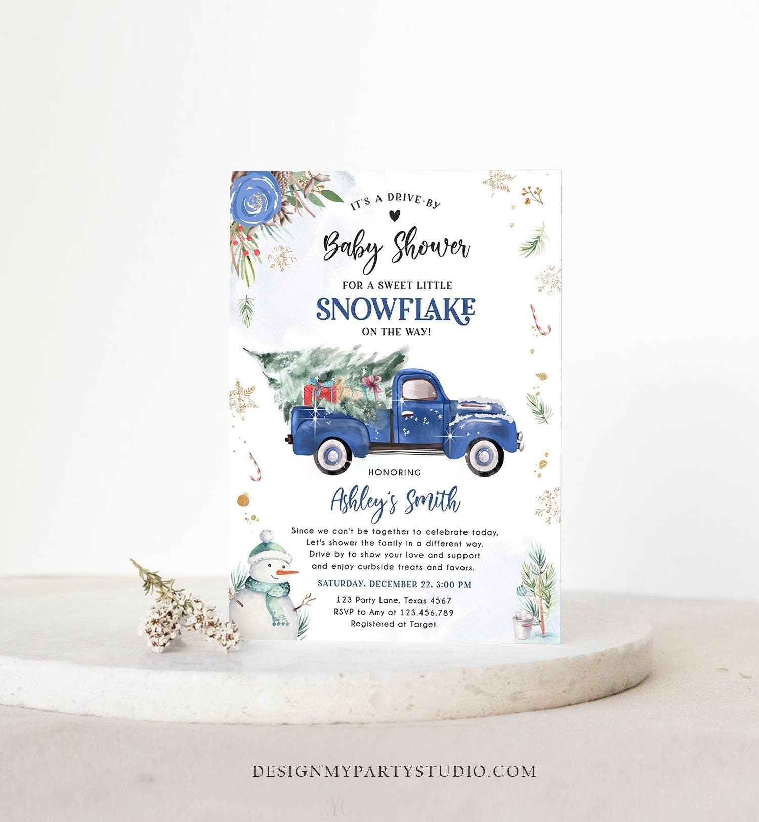Editable Winter Drive By Baby Shower Invitation Blue Truck Little Snowflake Baby Boy Drive Through Tree Template Download Corjl 0356