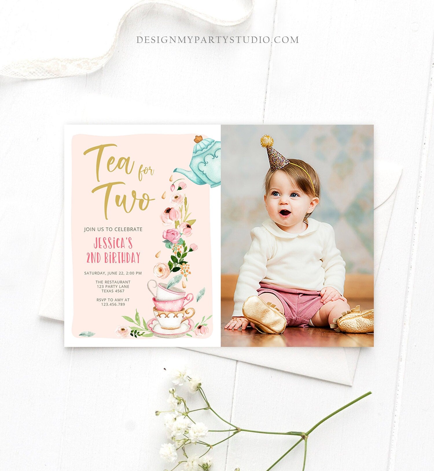 Editable Tea for Two Birthday Invitation Girl Tea Party Invite Pink Gold Floral Peach Pink Download Printable Template Corjl Digital 0349