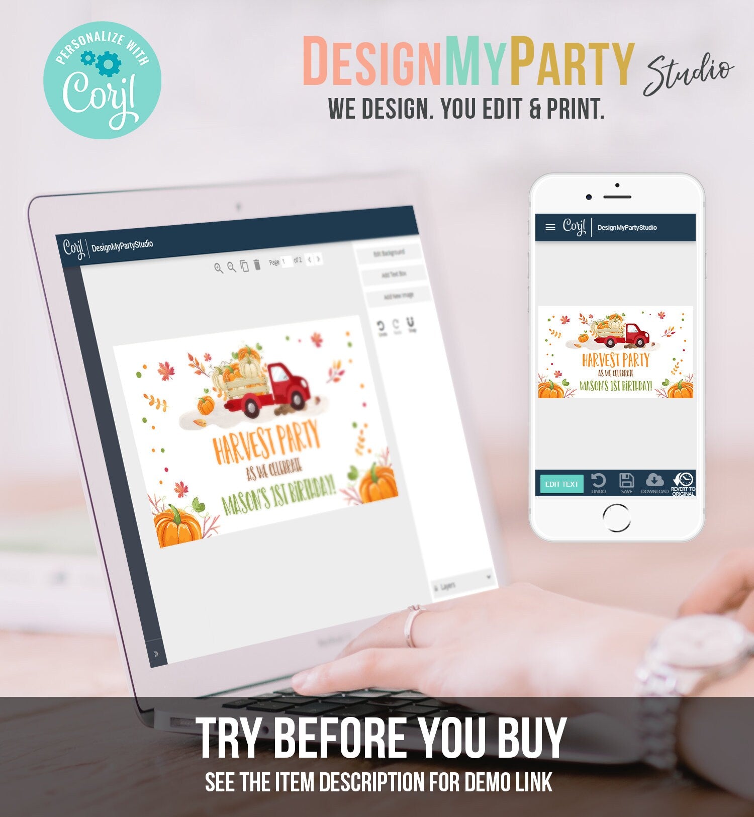 Editable Pumpkin Truck Birthday Backdrop Banner Harvest Party Welcome Sign Fall Pumpkins Red Orange Download Corjl Template Printable 0153