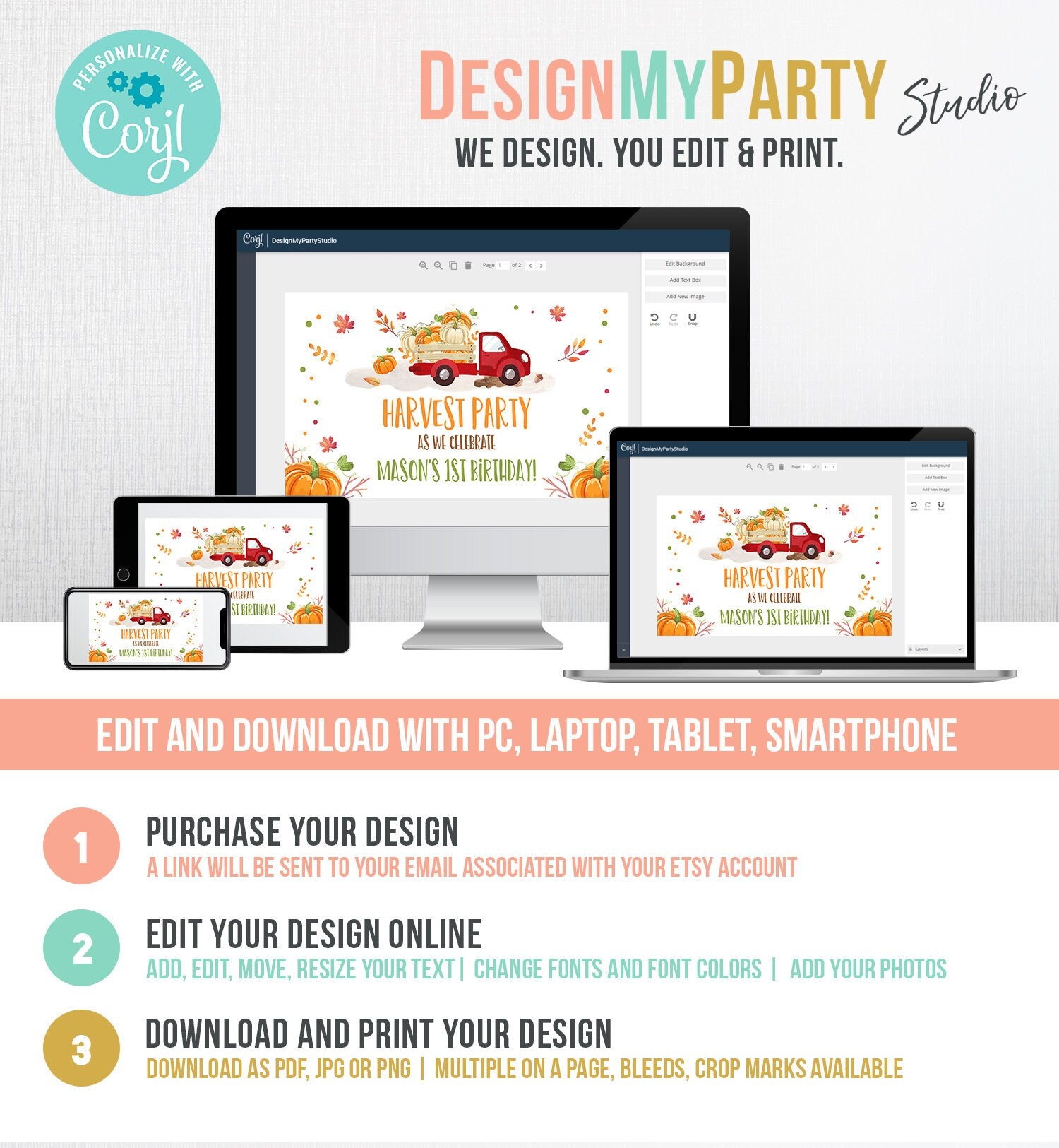 Editable Pumpkin Truck Birthday Backdrop Banner Harvest Party Welcome Sign Fall Pumpkins Red Orange Download Corjl Template Printable 0153