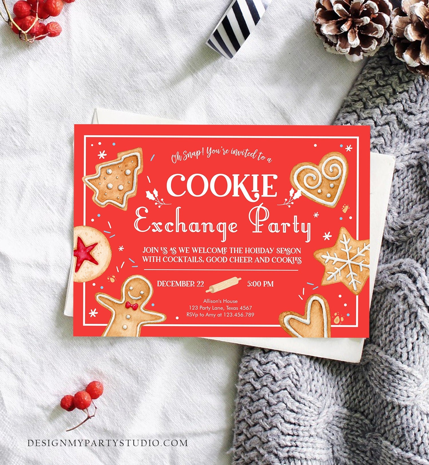 Editable Holiday Cookie Exchange Party Invitation Oh Snap Cookie Christmas Holiday Party Red Invite Download Printable Template Corjl 0360