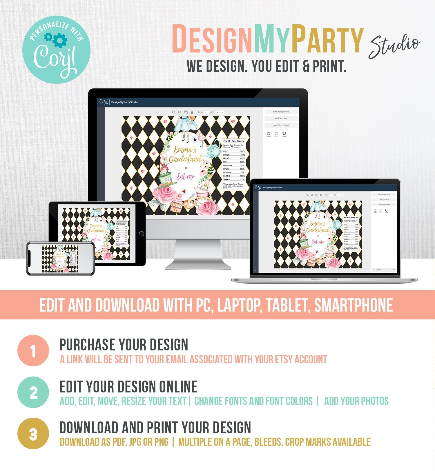 Editable Alice in Wonderland Chip Bag Alice in Onederland Party Decor Girl 1st Birthday Tea Party Snack Favors Digital Corjl Template 0350